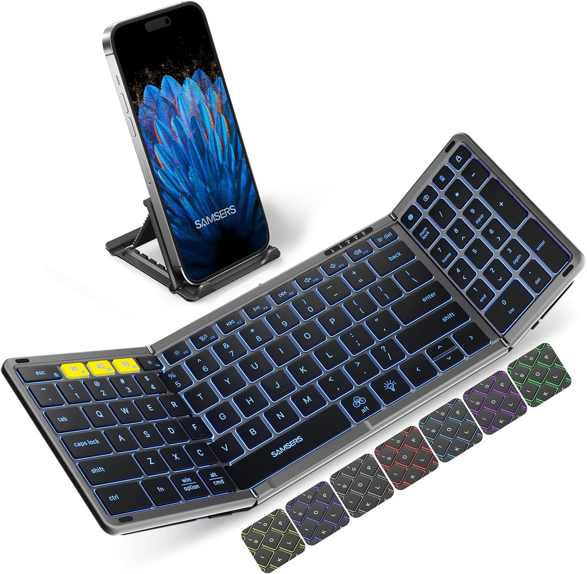 Foldable Bluetooth Keyboard with Numeric Keypad, Samsers Full-Size Wireless Folding Keyboard with Backlight, Portable Travel Keyboards for iOS Android Windows Mac OS, Support 3 Device(BT5.1 x 3), Gray