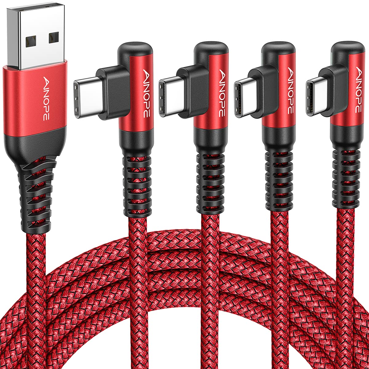 AINOPE USB C to USB Cable [4-Pack 10/6.6/3.3/3.3ft] 3.1A USB Fast Charge Right Angle, Resistant Nylon Braided USB C Charging Cable Compatible with Galaxy S21 S20 Plus, Note 20 10 9, Moto