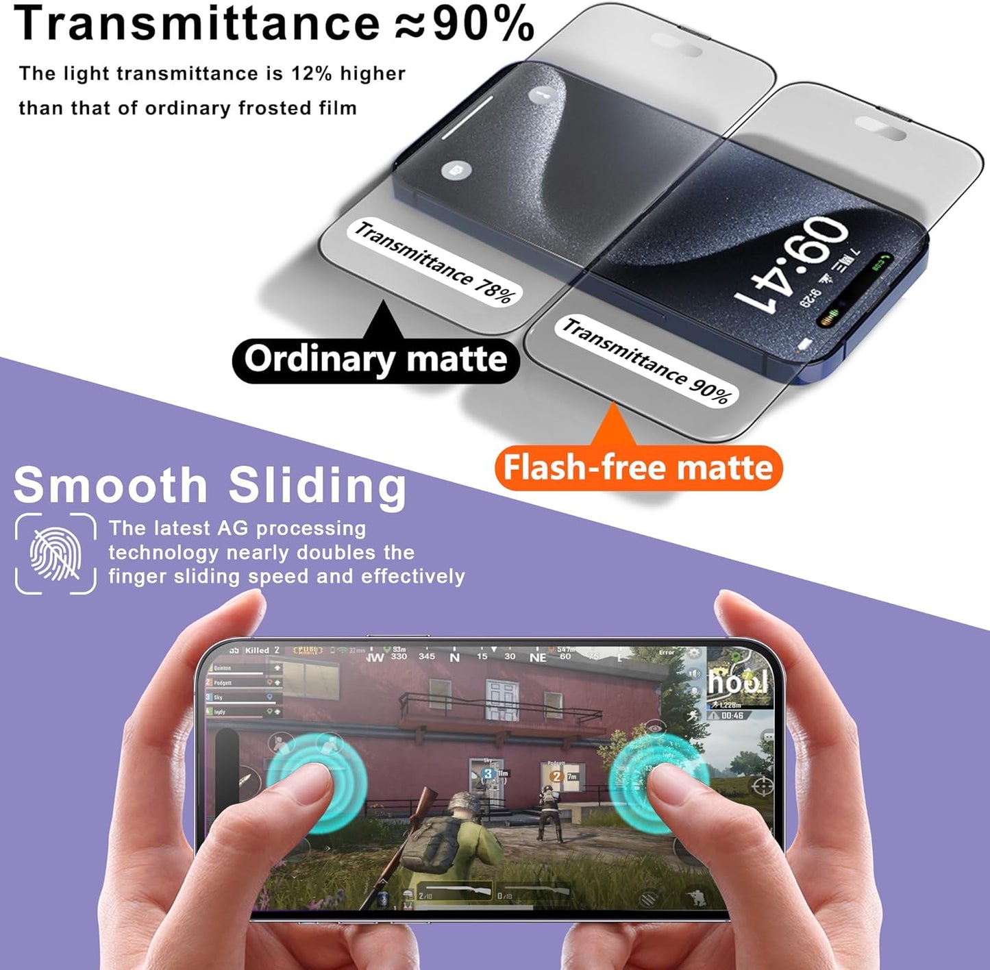 2 Pack Matte Screen Protector for iPhone 15 Pro Max, 9H Tempered Glass, Full Coverage, Anti-Fingerprint, Auto Dust-Elimination, No Bubble, Easy Installation