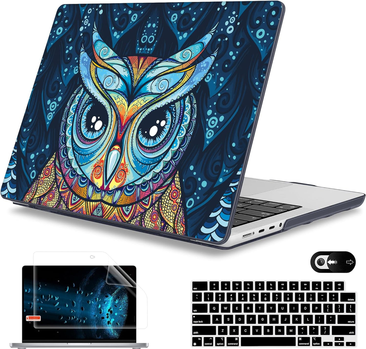 Mektron Case for MacBook Pro 16" M4 A3403 A3186 M3 A2991 M2 A2780 M1 A2485 (2021/2023/2024) Pro/Max with Touch ID, Hard Shell Plastic Laptop Cover Keyboard Cover Screen Protector, Owl
