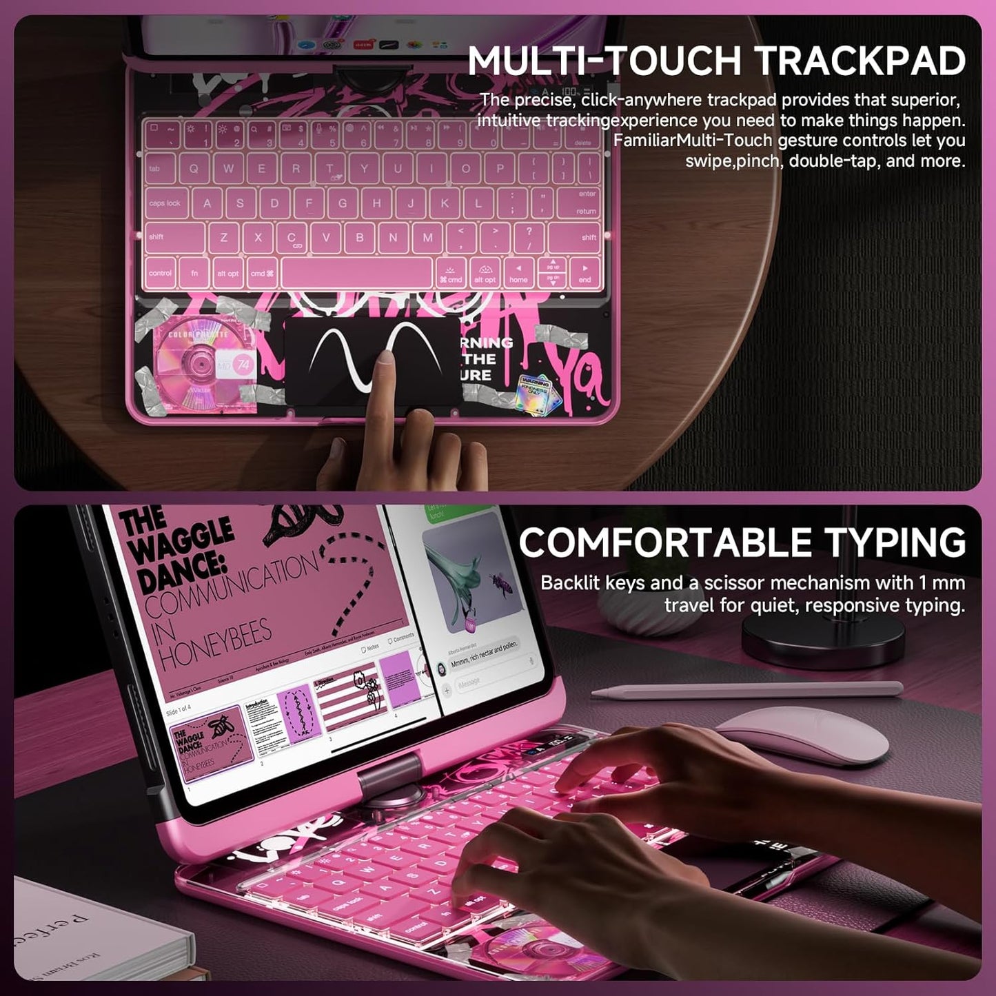 Transparent Case with Keyboard for iPad 11th Gen 11 Inch.(A16, 2025) & 2022 iPad 10th Gen 10.9 Inch,7-Color Backlit,Wireless Keyboard, 360°Rotating,with trackpad,Pencil Holder,with Shortcuts,pink