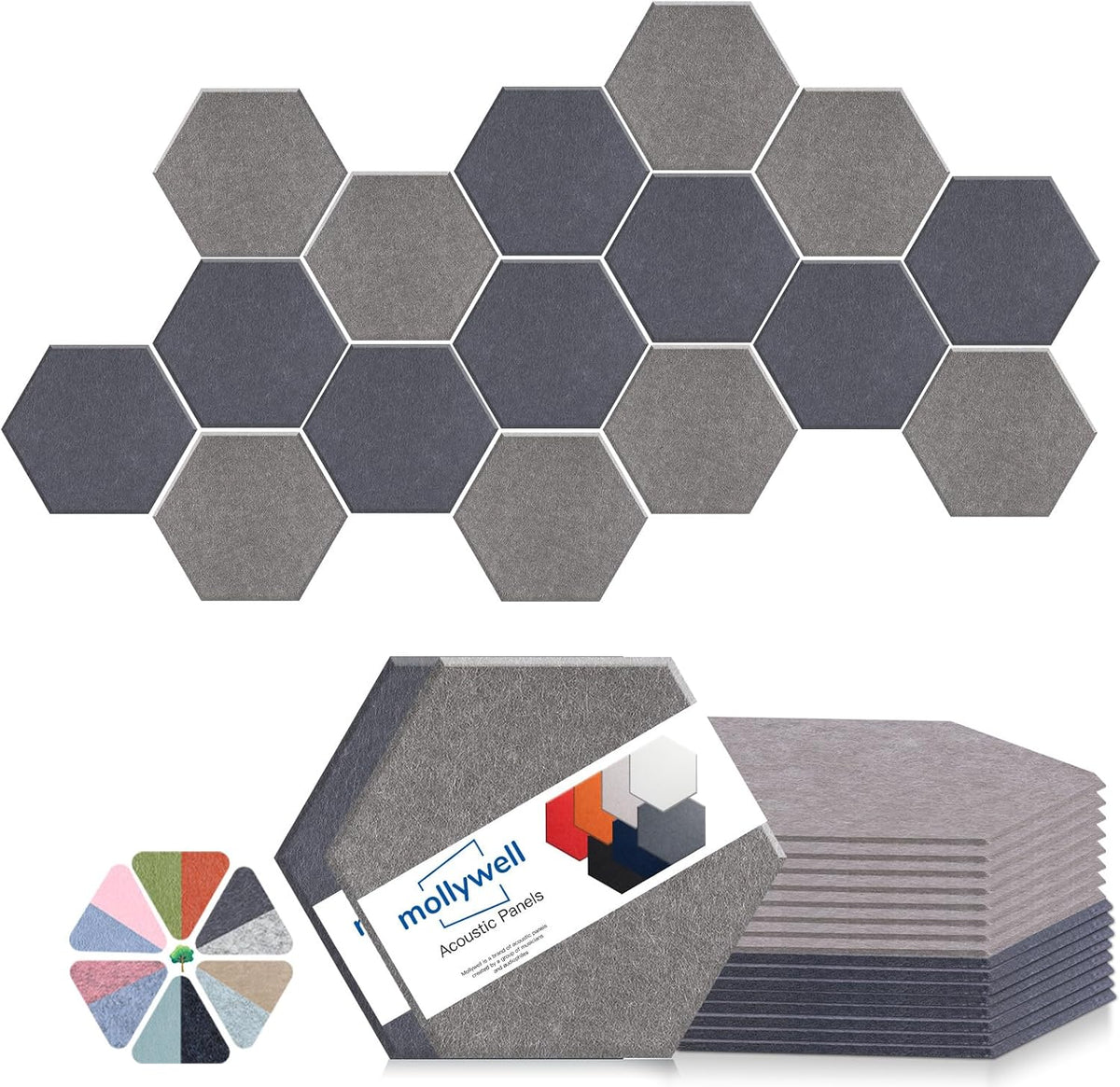 Mollywell Hexagon Acoustic Panels, High Density, Soundproofing, Decorative Noise Reduction Felt Wall Tiles for Ceilings, Home Office & Gaming Room (Afraica and Moon Gray), 14x12x0.4 Inch