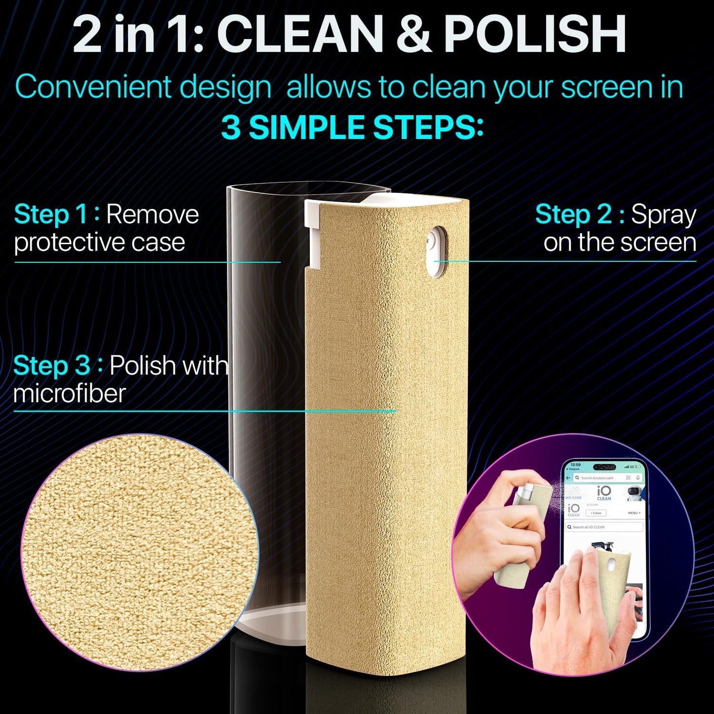 Mini Screen Cleaner Spray – Finger Proof Screen Cleaner for Smartphones, iPads, MacBooks, Laptops, Car Screens, Touchscreens – 3 in1 Mist Cleaner, Microfiber Cloth and Protective Cover (Blue)
