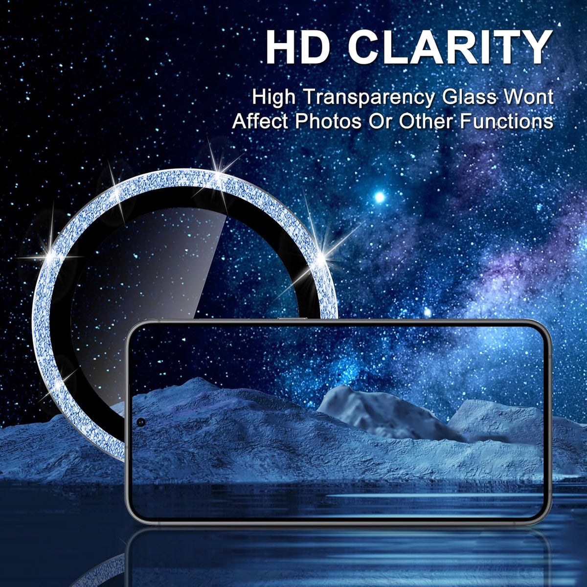 for Samsung Galaxy S25 Camera Lens Protector, Individual Metal Ring Tempered Glass Lens Cover, [Strong Adsorption] Scratch Resistant Ultra-Thin HD Clear Lens Cover, 1 Set-Blue Sparkly