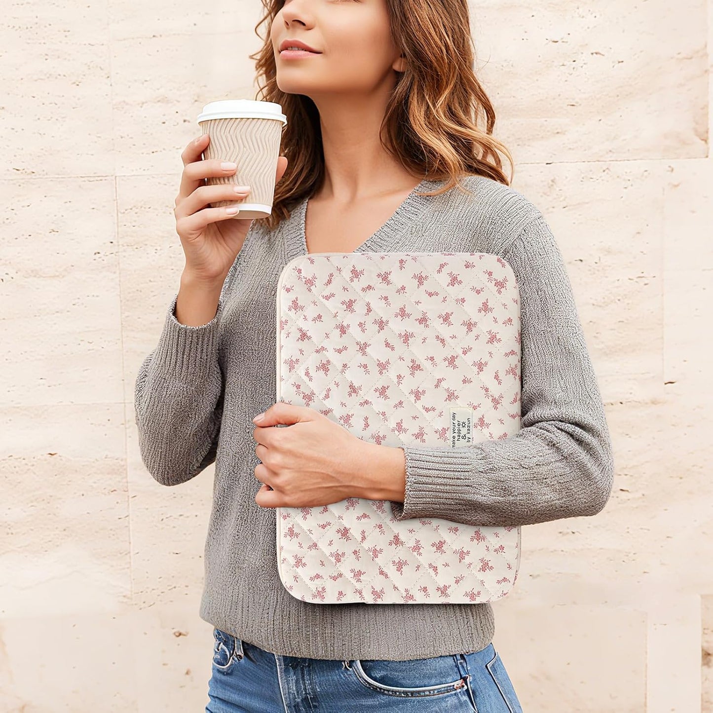 Puffy Laptop Sleeve 13-15.6 Inch Cute Quilted Laptop Protective Case Padded Floral Computer Sleeve for MacBook (A-Pink, 13 Inch)