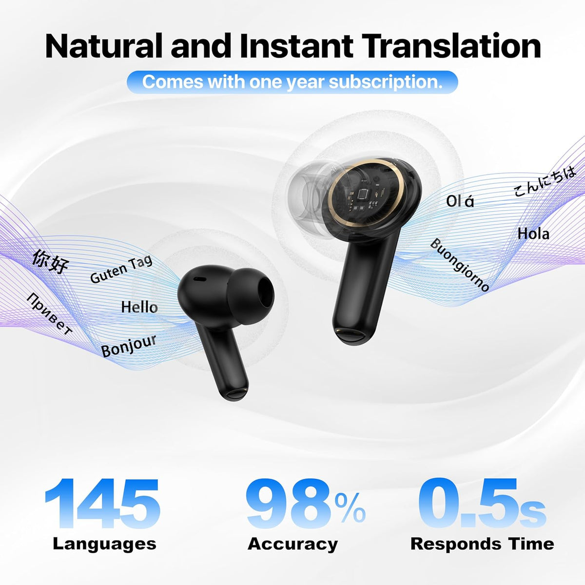 Active Noise Cancelling Wireless Earbuds with Real Time Translation, in Ear Bluetooth 5.4 Headphones Stereo Bass Ear Buds Translator via APP (Black)