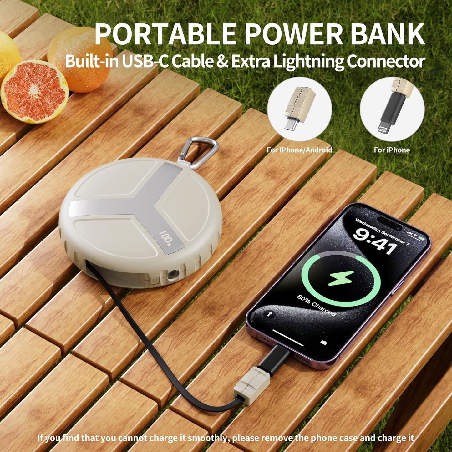 Vivilumens Power Bank Portable Charger 10,000mAh Retractable 25.5 in Built-in Cable Fast Charging Battery Pack USB-C for iPhones Galaxy Laptop with Flashlight&Carabiner for Camping Backpacking Travel