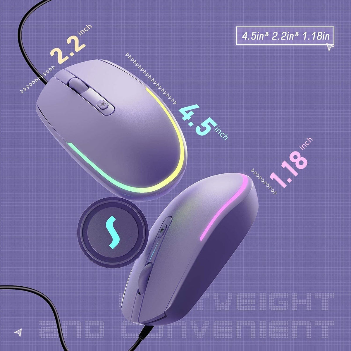 Seenda Wired Mouse - USB Computer Mouse with RGB Backlit Optical LED, Attached USB Cord for Laptops, Notebooks, Chromebook - Purple