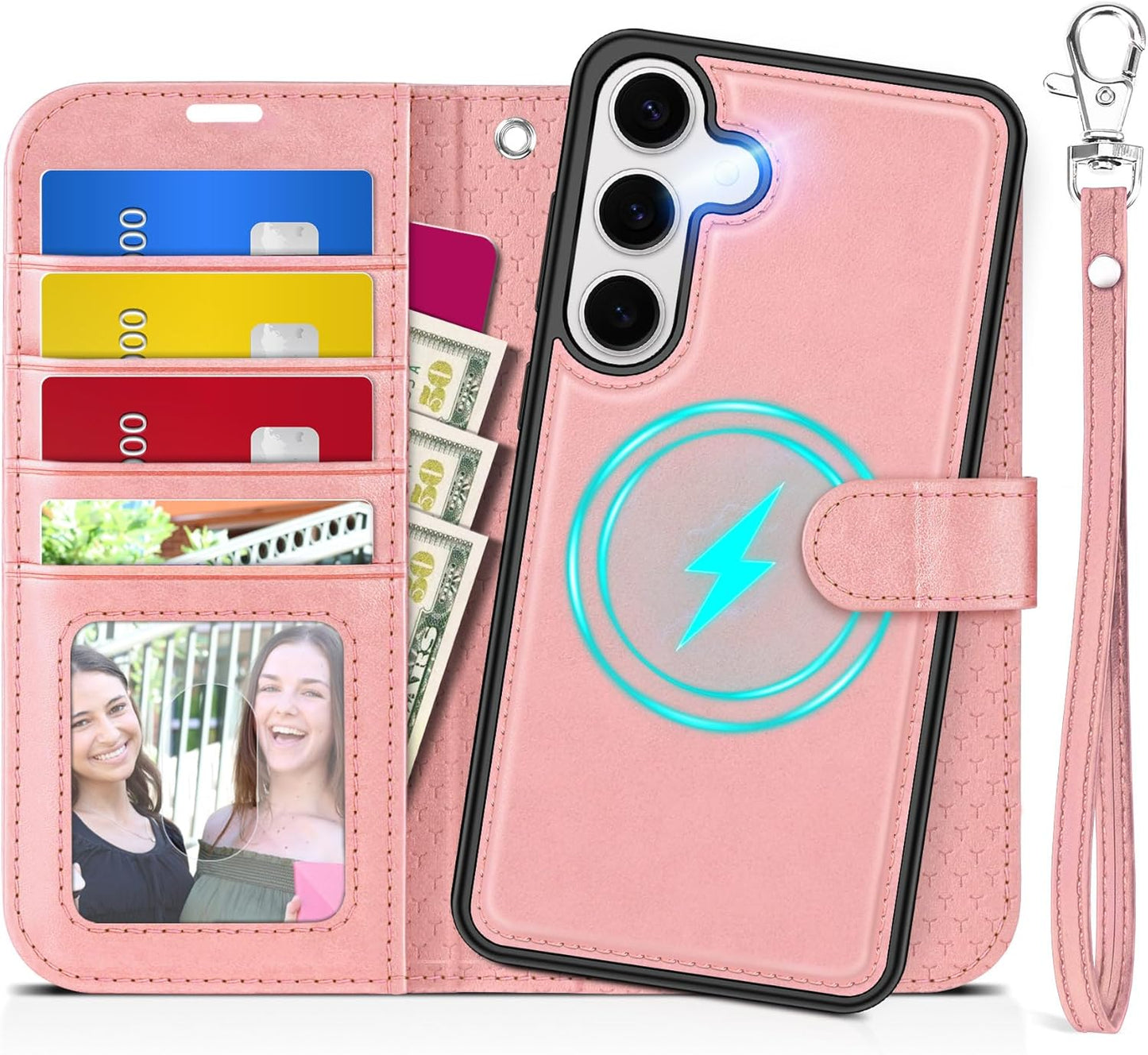 TUCCH Case for Galaxy S25 Plus, [Detachable] Wrist Strap Magnetic PU Leather Wallet Case with RFID Blocking [Wireless Charging] 4 Card Slot Stand Removable Cover for Galaxy S25 Plus 6.7", Rose Gold
