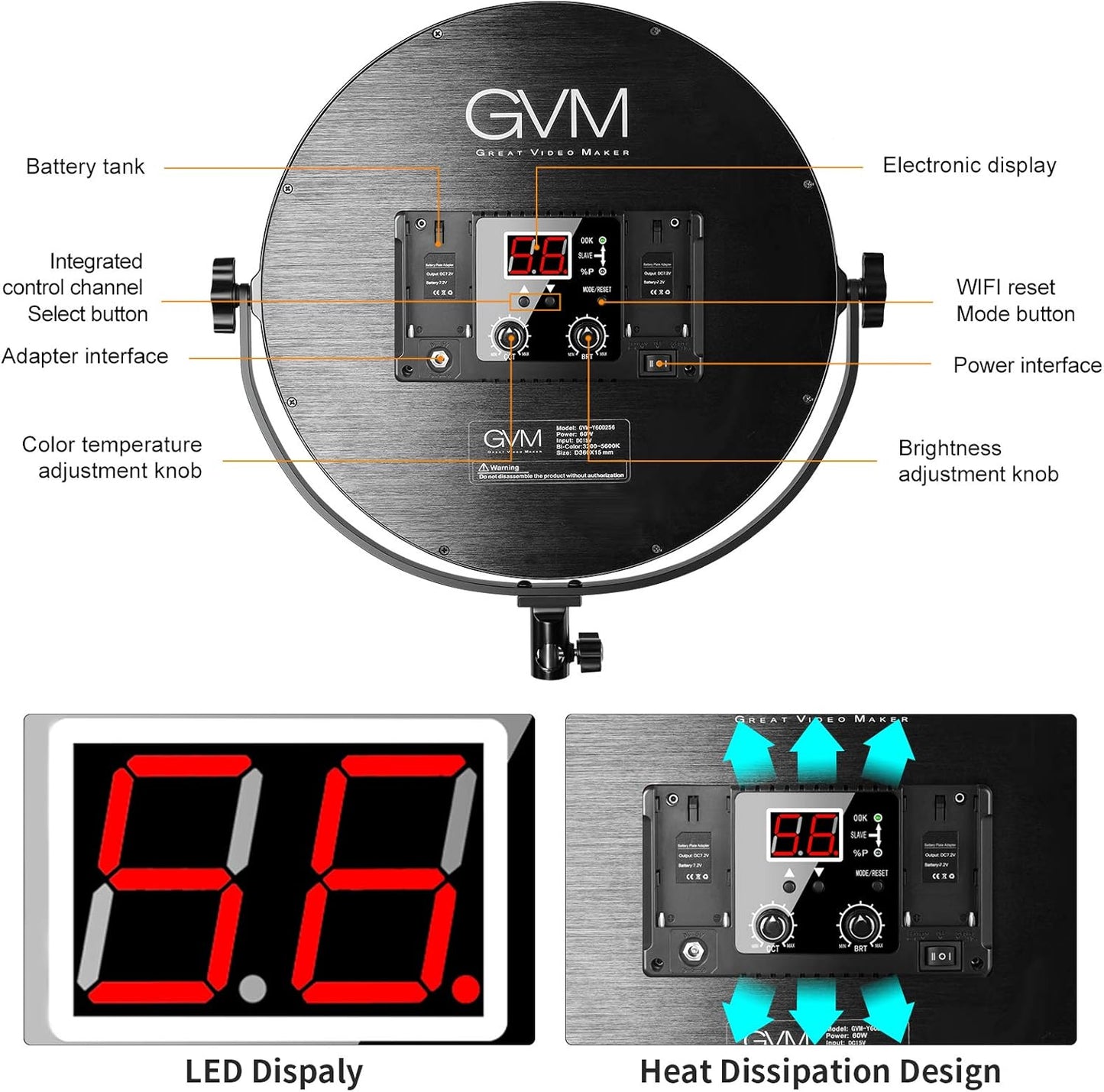 GVM Key Light, 14" LED Video Light with APP Control, Bi-Color Round Lighting, Ultra Thin 60W 3200-5600K Dimmable LED Soft Light with Table Stand for Gaming Studio YouTube Wedding Live Streaming