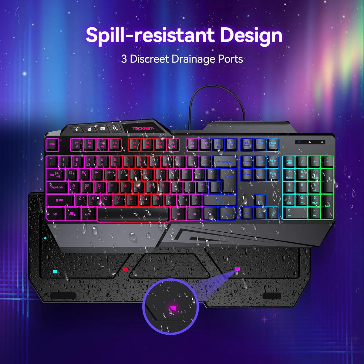 TECKNET Wired RGB Gaming Keyboard - 26-Key Anti-Ghosting, 13 Lighting Modes, Spill-Resistant, 108 Membrane Keys, Plug & Play - with Ergonomic Wrist Rest & Phone Holder for Windows/Mac (Black)