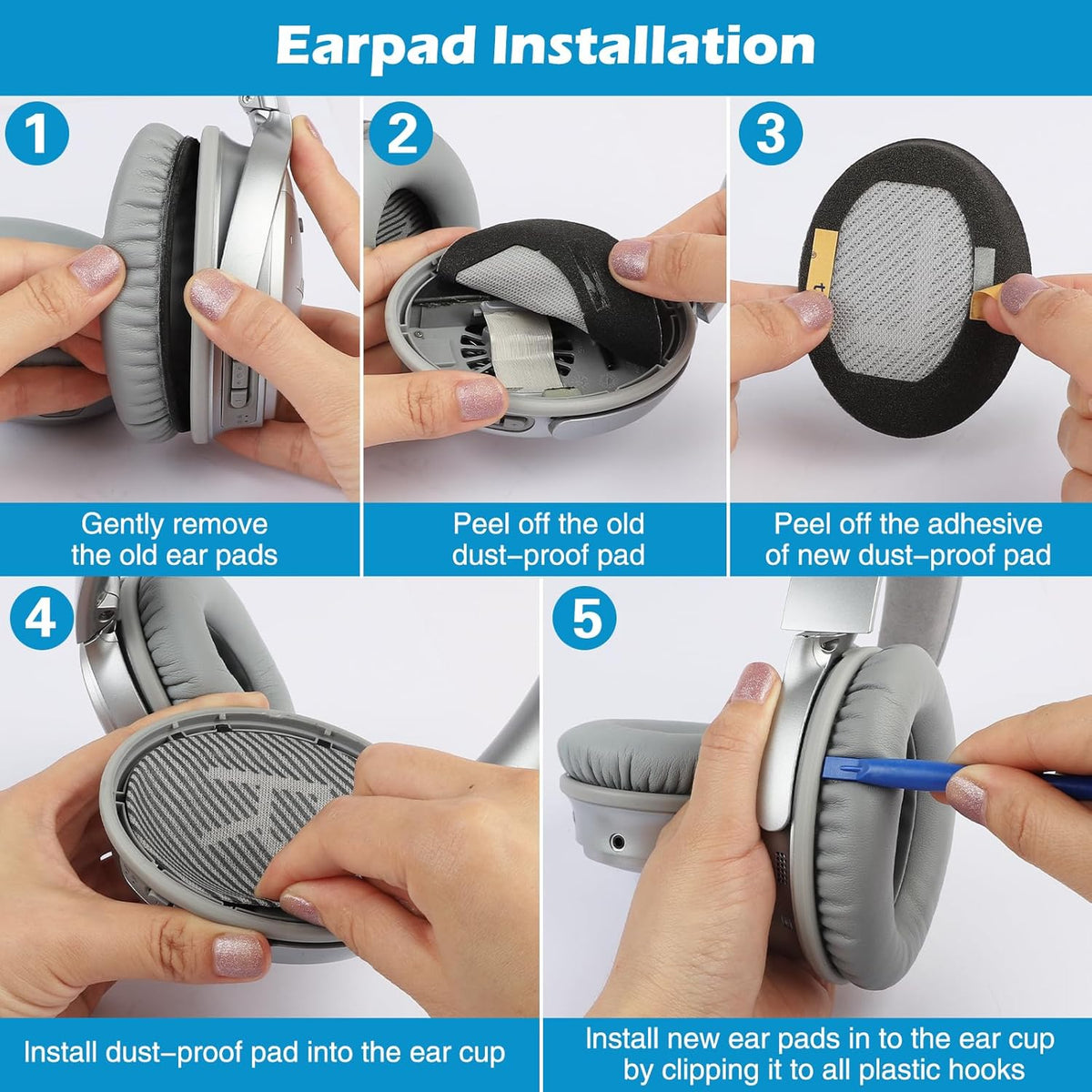 Ear Pads for Bose QuietComfort 35 ii, Premium Softer Leather Replacement Pads for Bose QC35 QC35ii Headphones Ear Pads Quiet Comfort, Noise Isolation Foam, Added Extra Thickness (Silver)