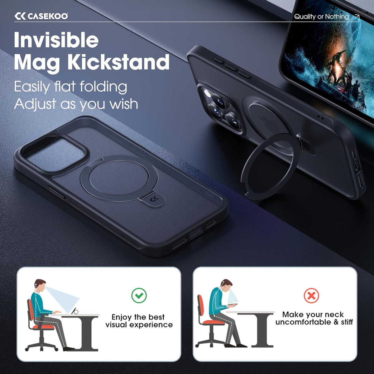CASEKOO Designed for iPhone 15 Pro Case with Magnetic Invisible Stand [Military Drop Protection] [Compatible with MagSafe] Shockproof Slim Translucent Matte Pro Case 6.1 Inch, Black