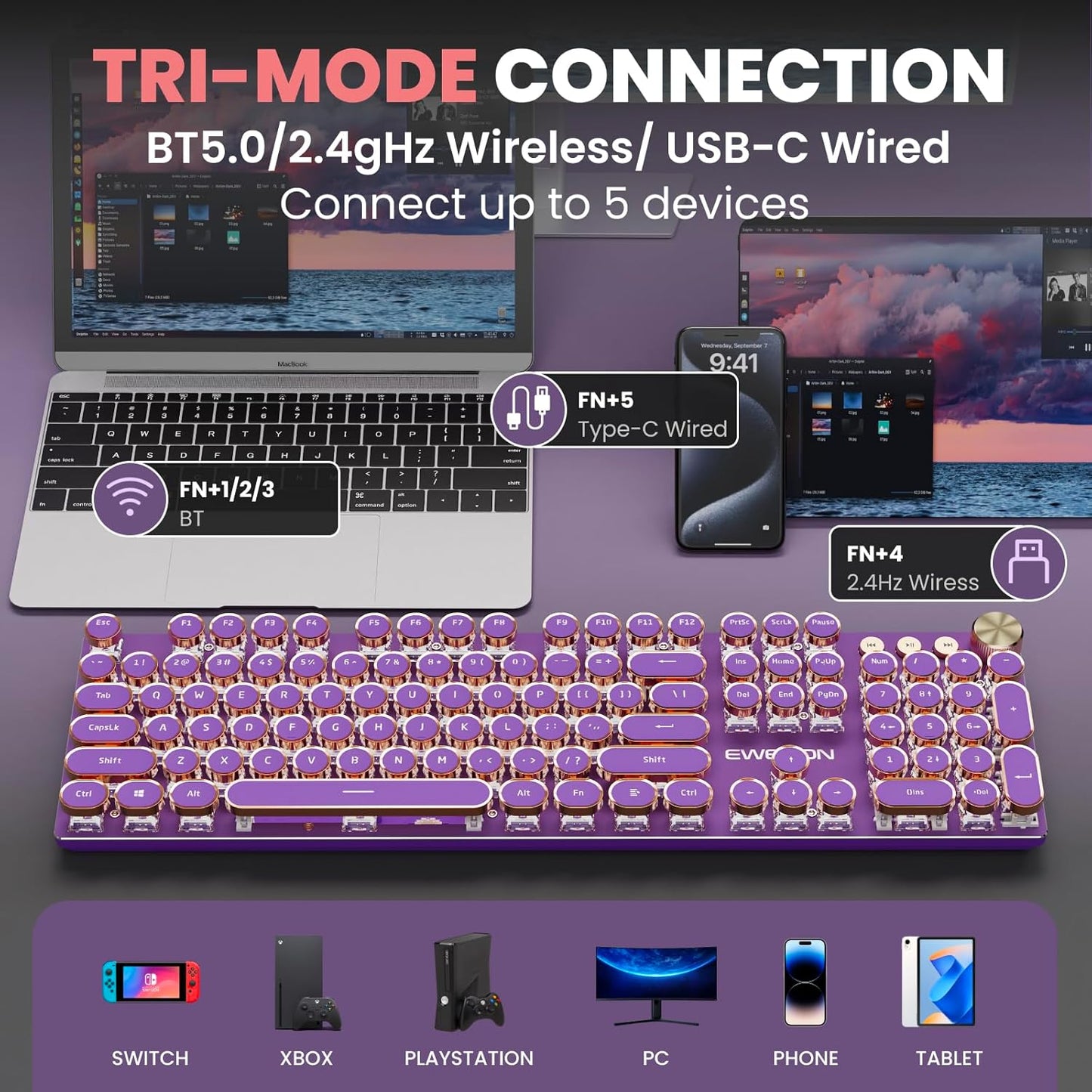 EWEADN V20 Typewriter Keyboard Wireless, 104 Keys Typewriter Style Mechanical with White Backlit, Media Knob, Pink Switch 2.4G/Bluetooth/USB-C Wired Retro Full Size Keyboard for Windows/Mac/PC-Purple