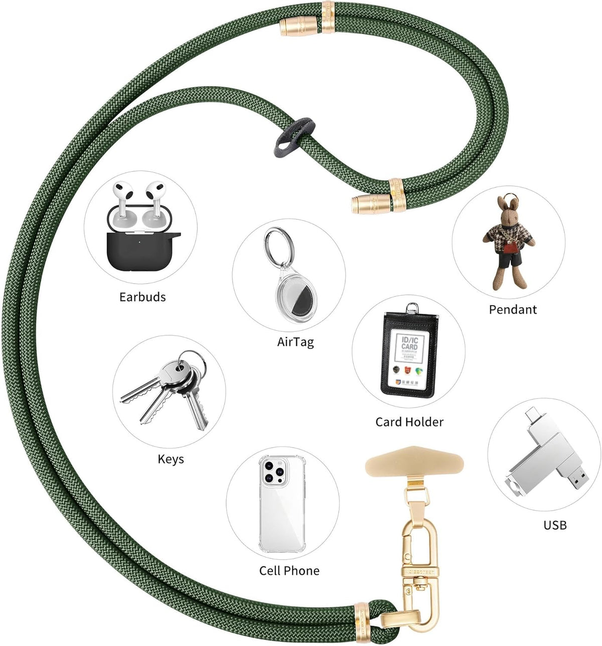 Adjustable Anti-Theft Phone Lanyard - 8mm Mountain Climbing Rope Neck & Crossbody Strap with Secure Locking Metal Clip - Rugged Outdoor Design for Smartphones (Dark Green)