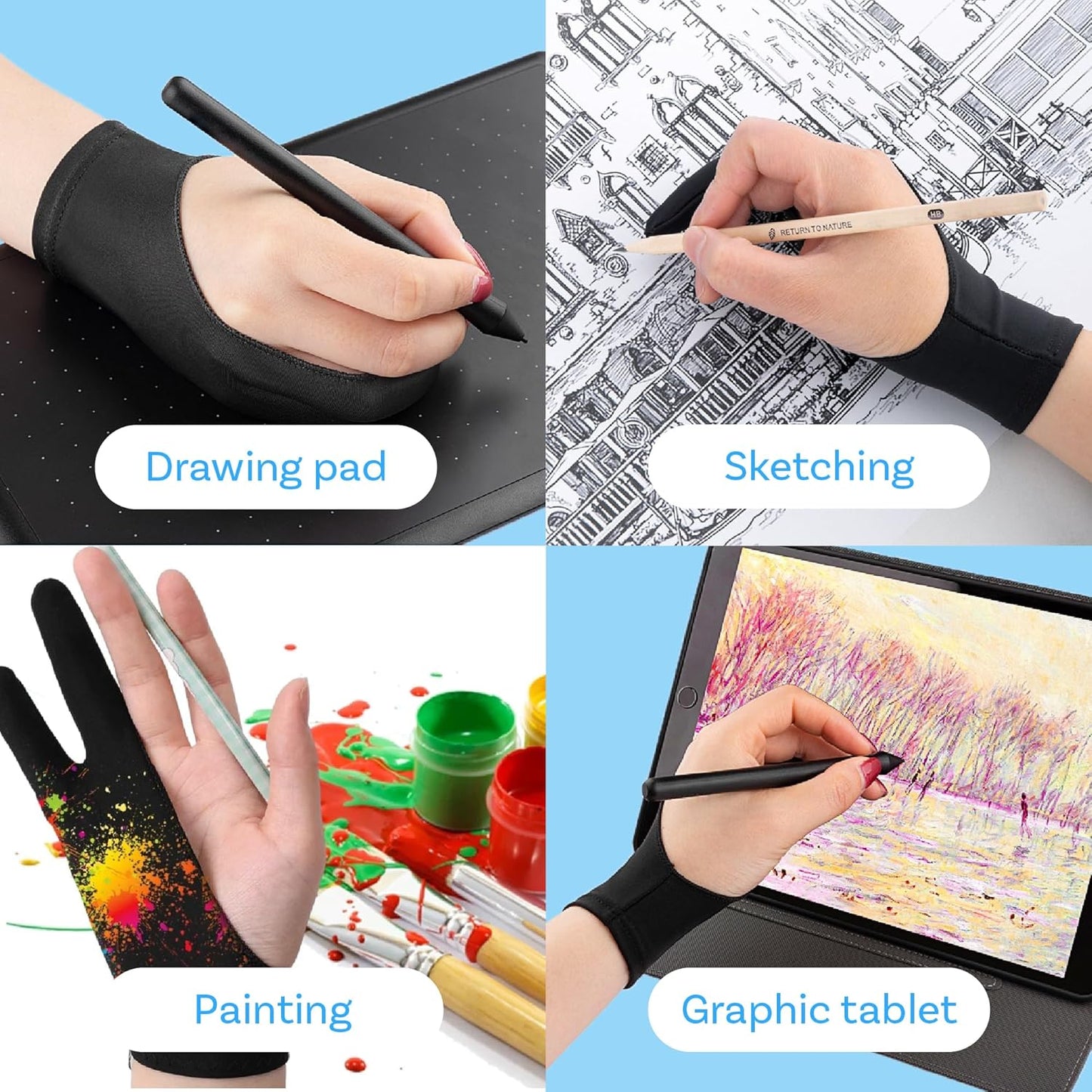 MMOBIEL Drawing Glove with Thumb Wrap for Digital Tablet Model B 2-Finger Palm Rejection Artist Glove – Medium Size – Right and Left Hand Use