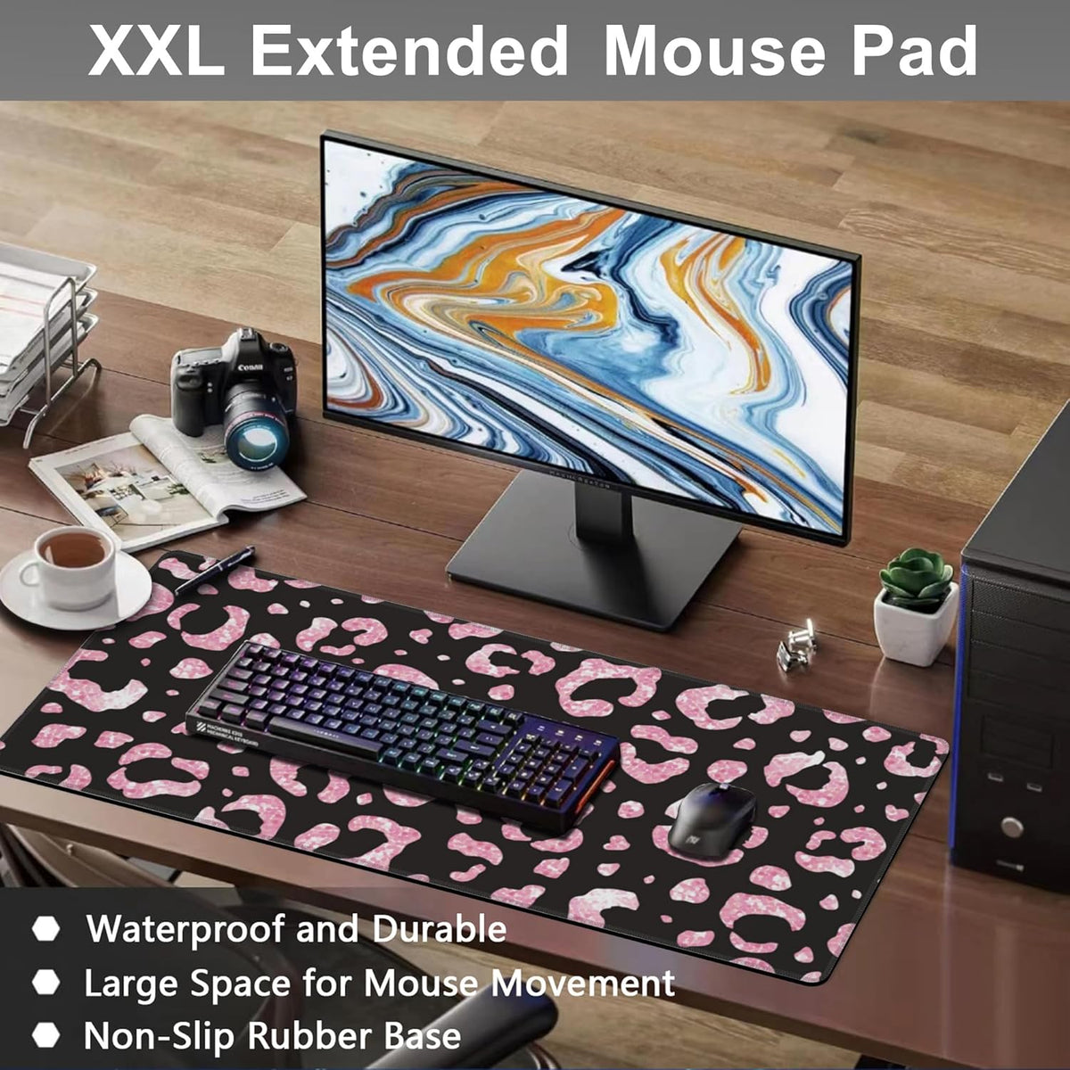 Mouse Pad, Large Rose Pink Leopard Printings Desk Mat, Extended Non-Slip Gaming Keyboard Mousepad Desk Pad, Thick Stitched Edges Waterproof Mouse Mat 31.5"x15.7" (Glittery Leopard Prints)