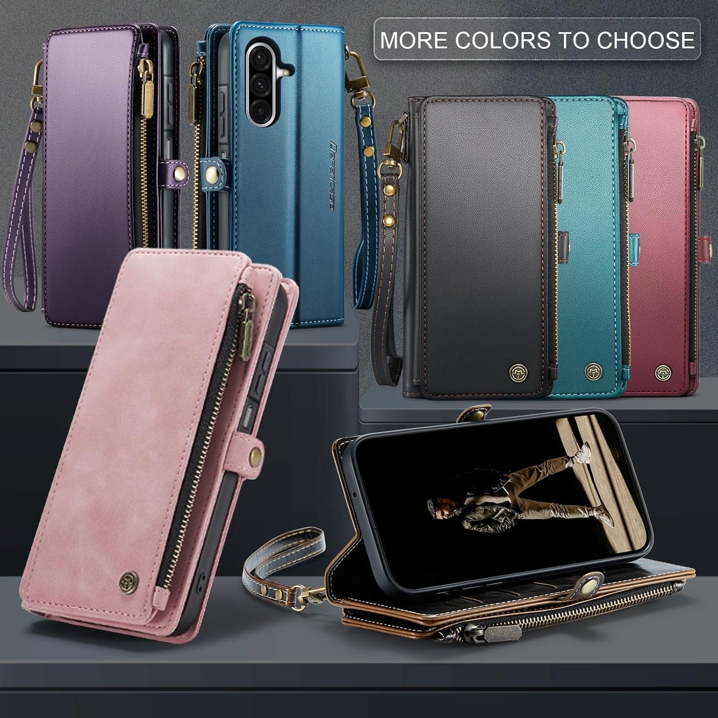 Defencase for Galaxy A26 5G Case Wallet with RFID Blocking Card Holder for Women Men, Fashion PU Leather Magnetic Snap Flip Zipper Wrist Strap Wallet Phone Case for Samsung Galaxy A26 5G, Blue Green