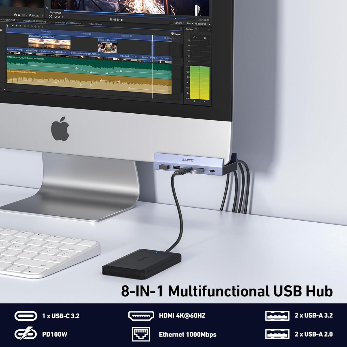 BENFEI 8-in-1 USB C Hub with Secure Clamp – Features 4K@60Hz HDMI, Gigabit Ethernet, 100W PD, 10Gbps 1x USB-C, 2 x USB-A 3.2, 2 x USB-A 2.0 Compatible with MacBook, iPad Pro, iMac, S23, XPS17