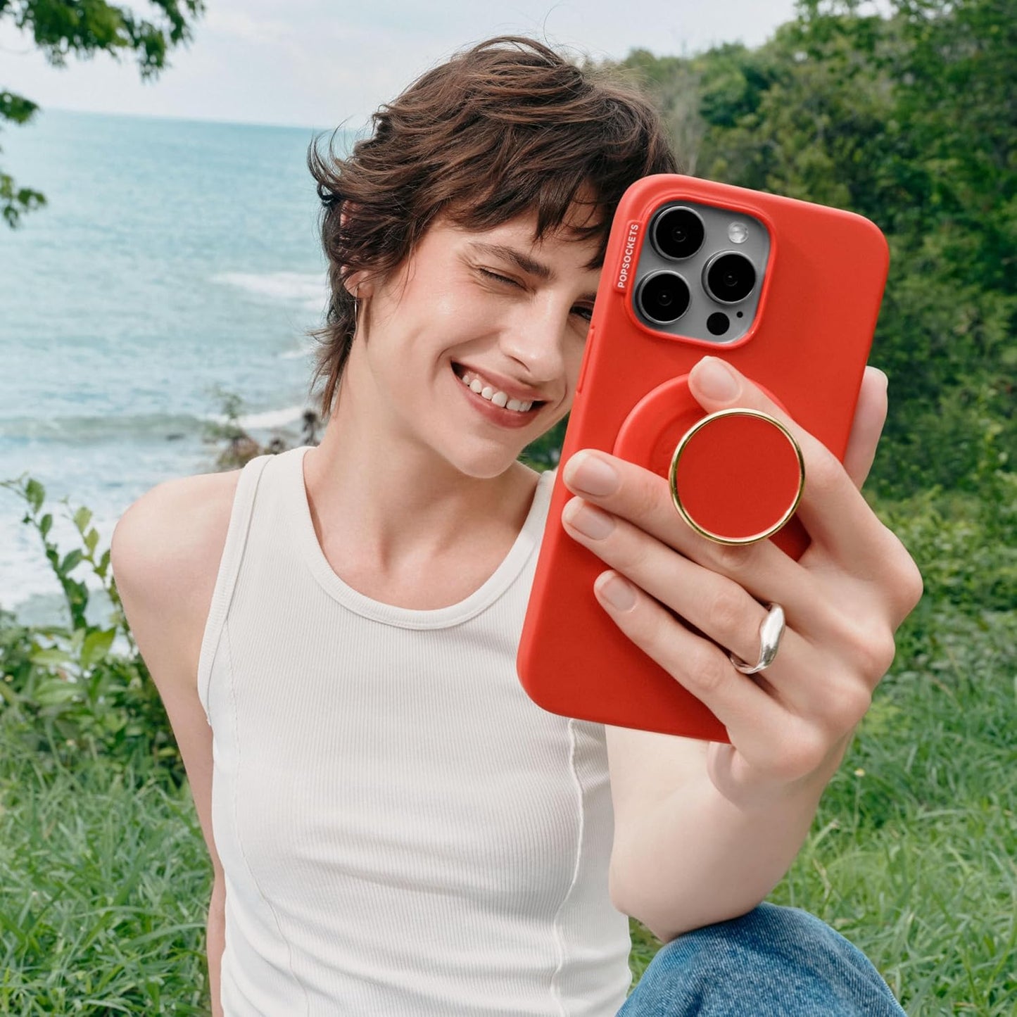 PopSockets Phone Grip for MagSafe with Kickstand, Magnetic Stand, Swappable Top, Secure Hold for iPhone MagSafe Cases, Phone & Tablet Grip - Enamel Rosso
