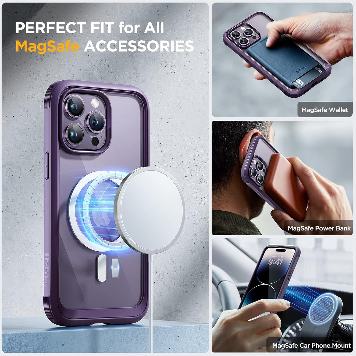 Miracase Magnetic for iPhone 14 Pro Case 6.1 inch, (Compatible with MagSafe) Upgrade Full-Body Clear Phone Bumper Case with Built-in 9H Tempered Glass Screen Protector, Magnetic Purple