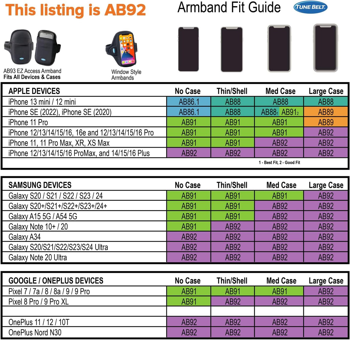 Tune Belt AB92 Cell Phone Armband for Running - Fits iPhone 16/15/14/13 Pro Max, Plus, Samsung Galaxy Ultra/Plus/Note and Large Phones with Protective Cases, Sweat-Resistant Exercise Holder (Black)