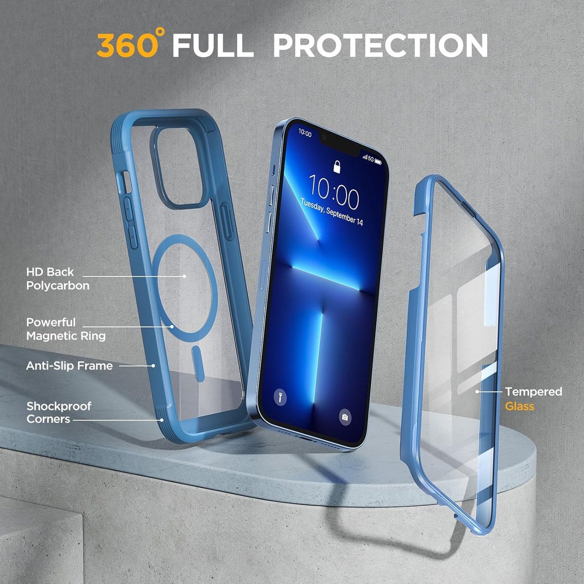 Miracase Magnetic Glass for iPhone 13 Pro Case,Compatible with MagSafe,Full-Body Protection Bumper with Shockproof Military-Grade,Built-in 9H Tempered Glass Screen Protector,Capri Blue