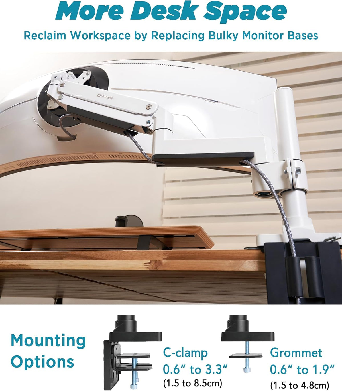 Heavy Duty Monitor Arm for Ultrawide Monitors up to 57" and 44 lbs, Single Desk Stand, Pneumatic Height Adjustable, Modular Extension Arms - Max VESA 100x100, White, MA20PW-S