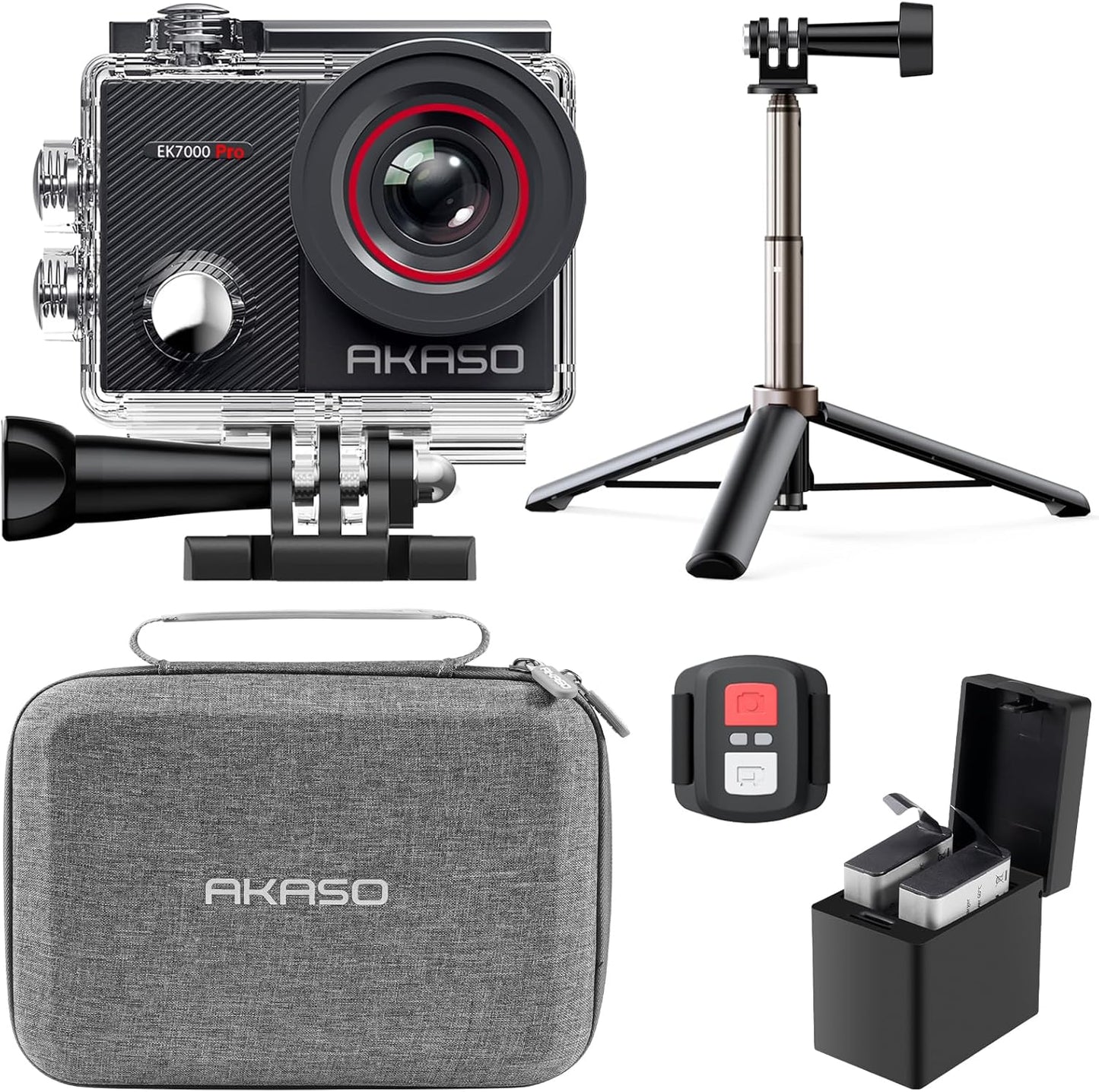 AKASO EK7000 Pro 4K30fps 20MP Action Camera EIS Ultra HD 131FT Waterproof Underwater Camera with Mini Selfie Stick Tripod and Carrying Case Helmet Accessories Kit Bundle