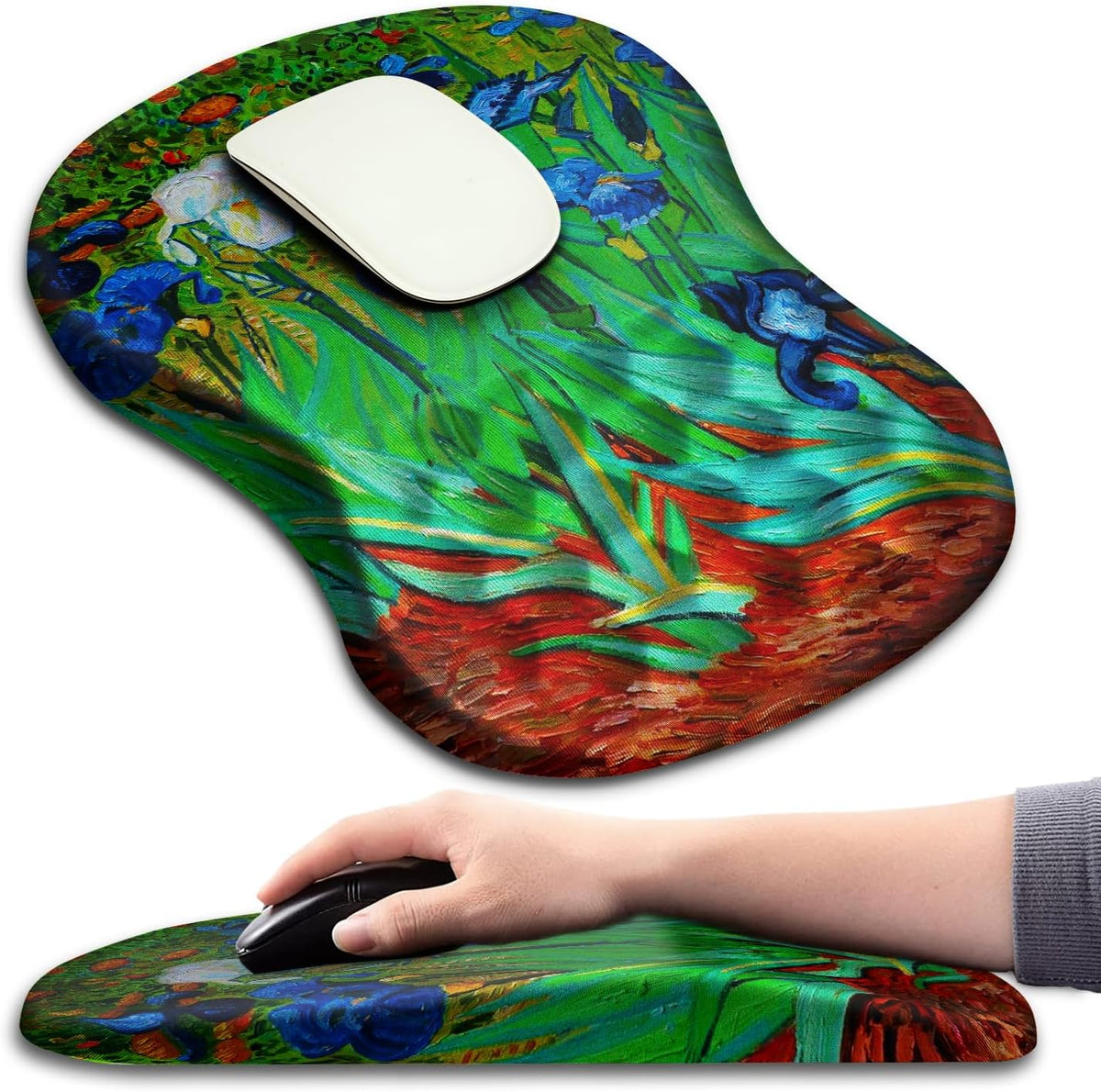 Hokafenle Ergonomic Mouse Pad Wrist Support with Massage Design, Wrist Rest Pain Relief Mousepad with Memory Foam&Non-Slip PU Base, Mouse Pads for Wireless Mouse & Desk(12x8 inch,Vangogh Iris Flower)