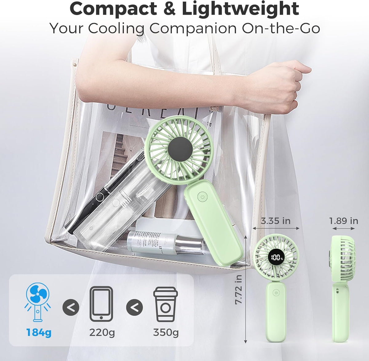 Portable Handheld Fan, 5000mAh Rechargeable Battery, Max 15H Cooling, 4 Speeds, LED Display, Foldable Design, 3-IN-1 Personal Pocket Fan with lanyard for Travel Outdoors Makeup Concert Commute