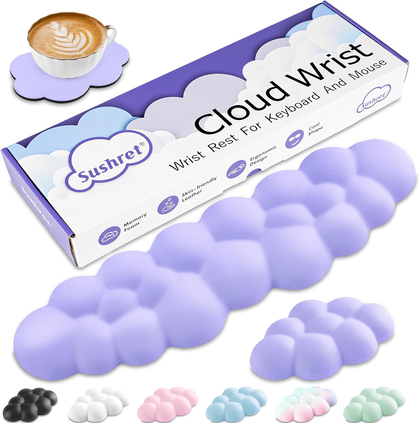 Cloud Wrist Rest Keyboard, Cloud Keyboard Wrist Pad Set with PU Leather Memory Foam, Cute Arm Rest for Palm Support, PC/Gaming Desk Accessories/Office Setup/Computer Hand Cushion - Purple