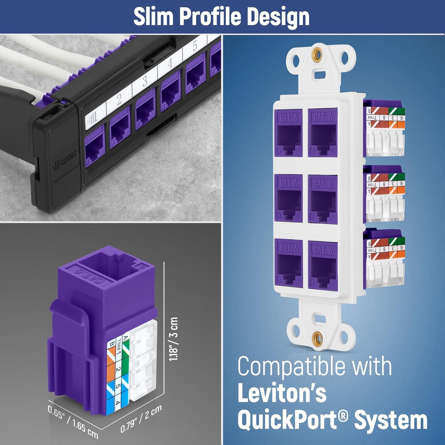 Everest 90° Angled RJ45 Cat6A Keystone Jacks 50-Pack in Purple - Slim Profile Female RJ45 Connectors - Cat 6A Keystone Jack - Compatible with 90° Angled Speed Termination Tool - easyJACK (B094WB91H3)