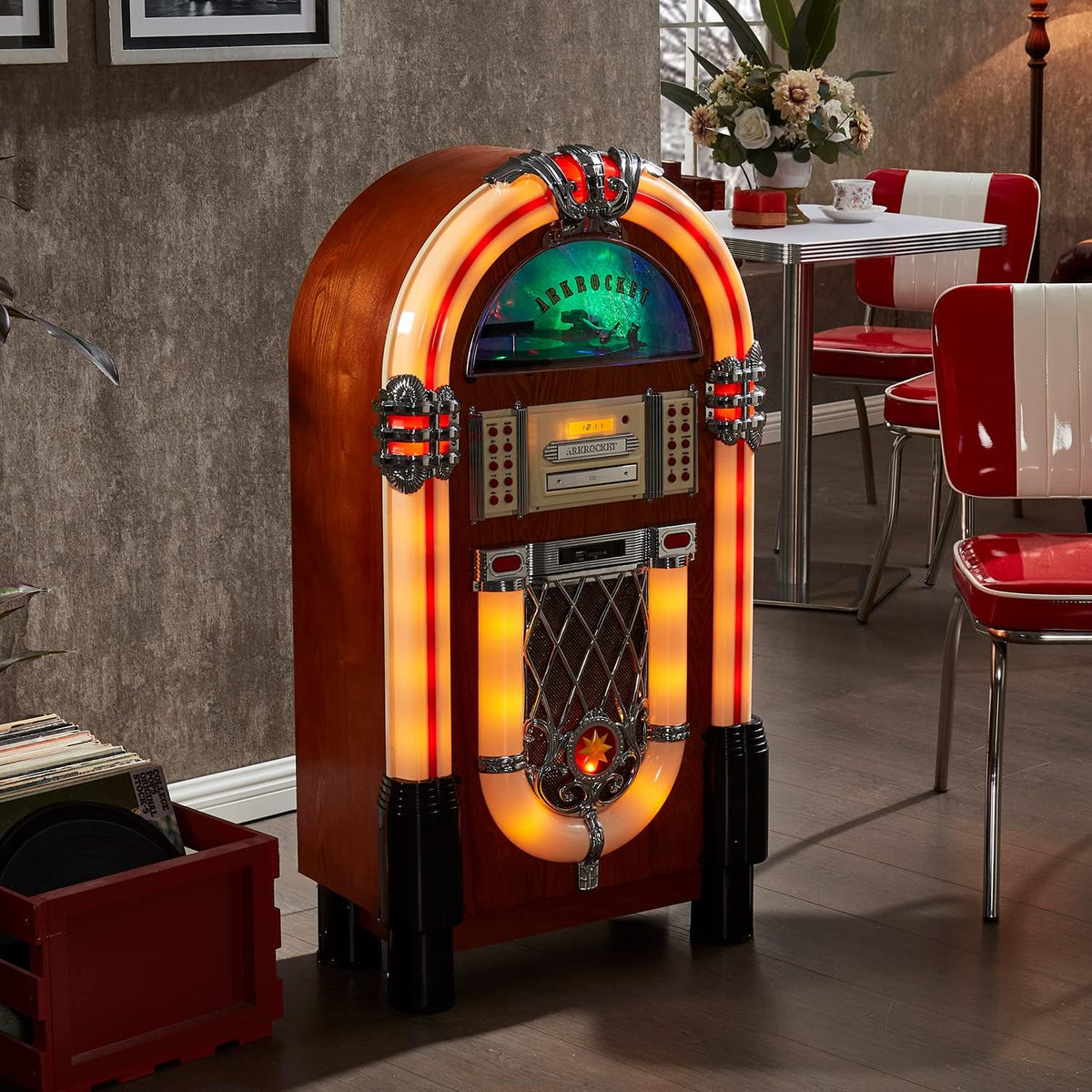 Arkrocket Full Size Jukebox Vinyl Record Player Bluetooth USB SD CD Player Radio Retro Turntable Classic Jukebox (Taurus - Classic)