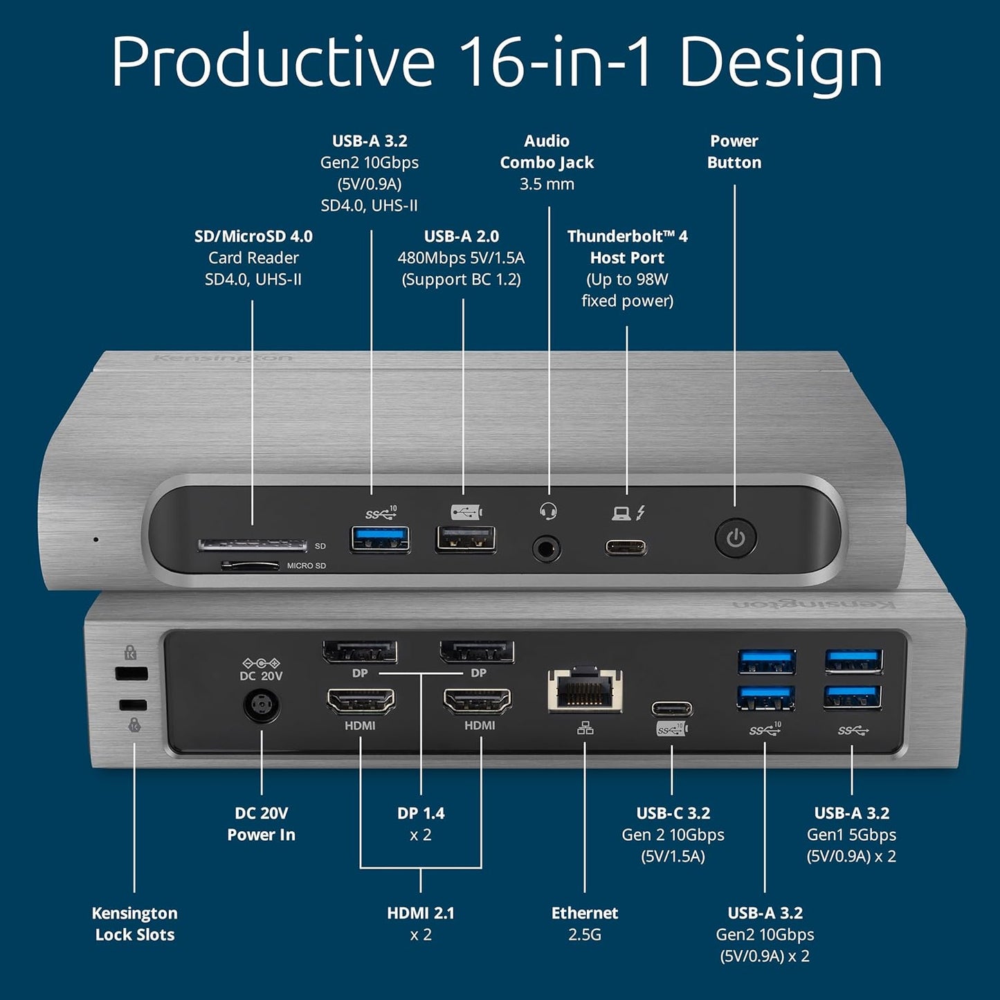 Kensington SD5800T Thunderbolt 4 and USB4 Quad 4K Display Docking Station, 100W Charging, 2 x HDMI, 2 x DP, 2.5G Ethernet, Card Readers, for Windows/MacOS (K32856NA)