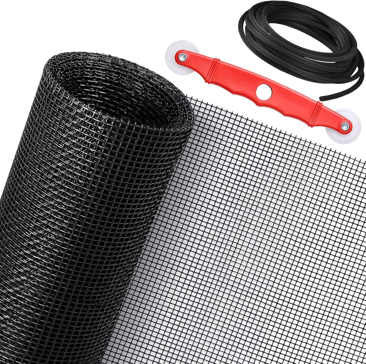 Window Screen Replacement Kit, 59'' x 106'' Fiberglass Screen Mesh with Rolling Tool and Screen Retainer Spline, DIY Adjustable Screen Door Mesh for Window, Door and Patio, Black