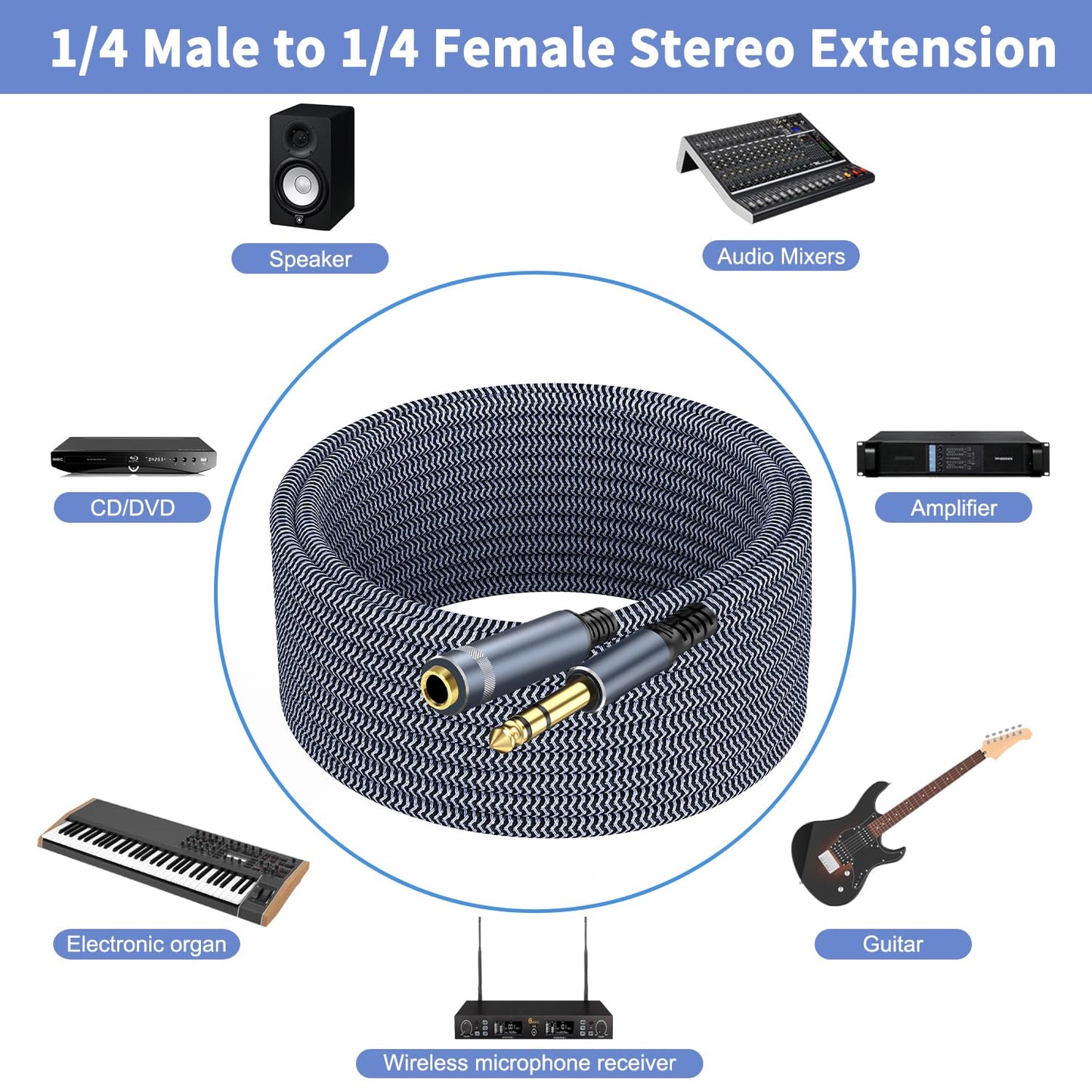 1/4 inch Extension Cable 50ft, 1/4" inch Male to Female Stereo Extension Cable