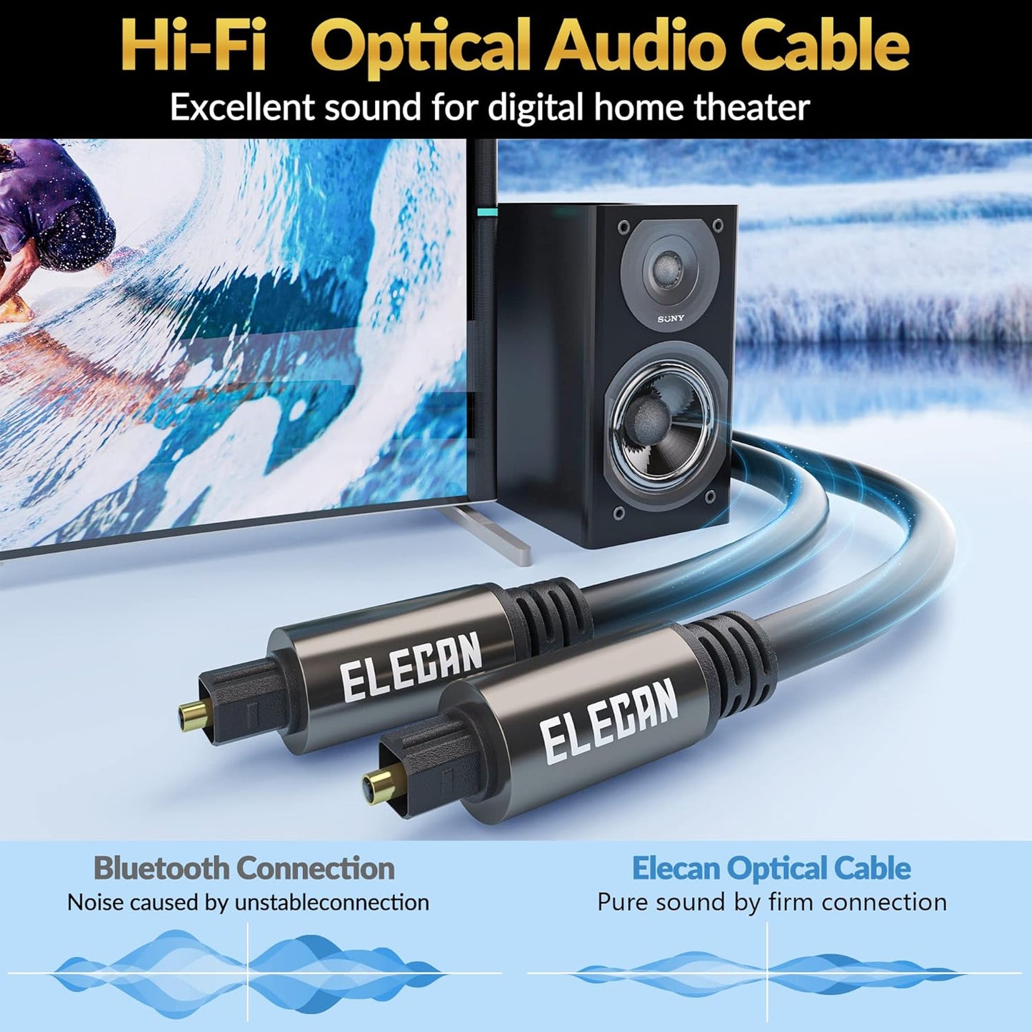 Elecan Optical Audio Cable 100 Ft Digital Audio Toslink Cable Cord-Fiber Optic-Gold Plated-Flexiable&Durable-for Home Theater,Sound Bar,PS4&Xbox-with 4 Right Angled and Mini Toslink Adapters+Ties