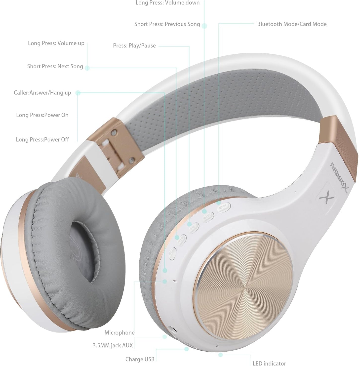 Riwbox Bluetooth Headphones, XBT-80 Folding Stereo Wireless Bluetooth Headphones Over Ear with Microphone and Volume Control, Wireless and Wired Headset for PC/Cell Phones/TV/Gym (White Gold)