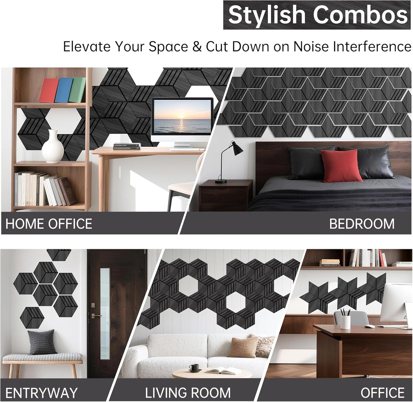 Mollywell Hexagon Acoustic Panels, Black Oak TW4, 14x12x0.4 Inch, 12 Pack |Wood Veneer|High Density Sound Proofing Wall Panels|Self Adhesive Sound Dampening Felt Wall Tiles|Home Theater|Gaming Room|