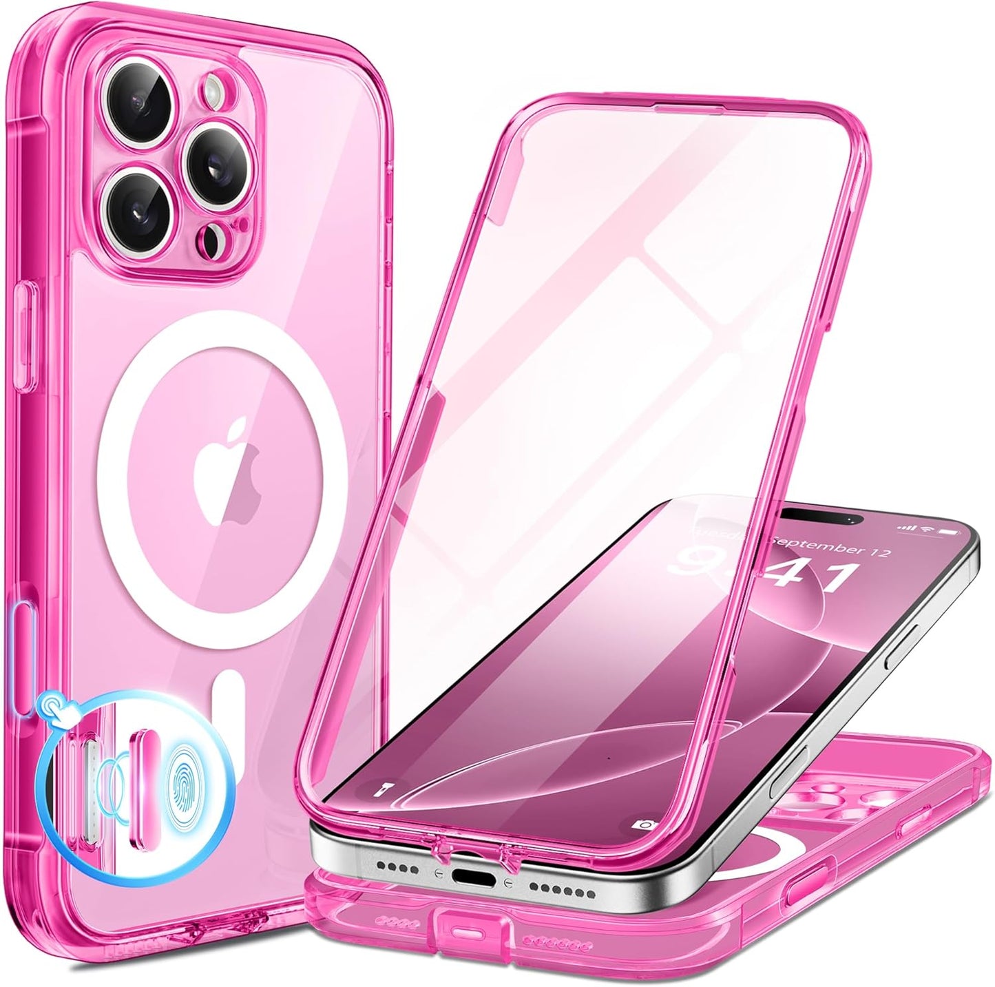 BERFY Magnetic for iPhone 16 Pro Case, Compatible with MagSafe, [Built-in 9H Tempered Glass Screen Protector & Upgraded Camera Protection] Full Body Shockproof Phone case for 16 Pro 6.3", Bright Pink