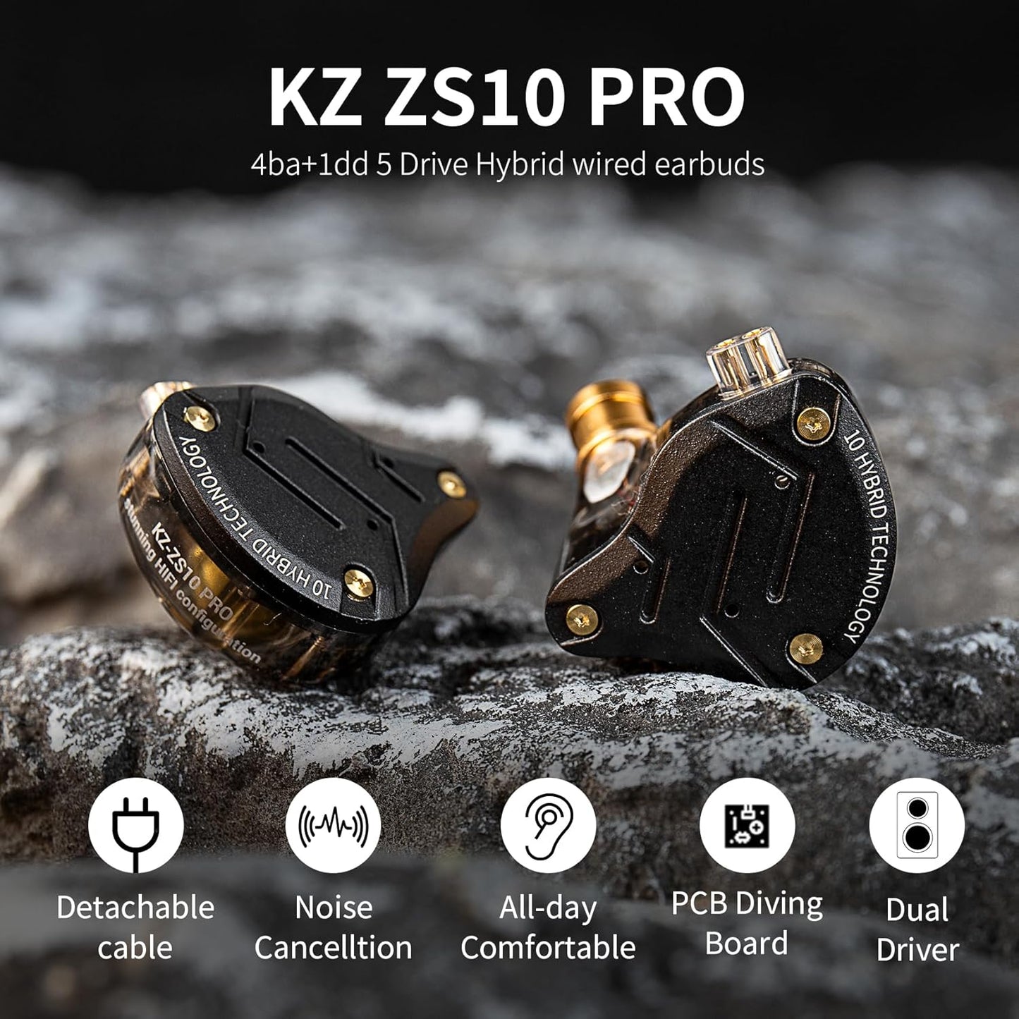KZ ZS10 Pro in Ear Monitor, IEM Earbuds Headphone, Gaming Earbuds with 4BA and 1DD Drivers, KZ HiFi IEM Earphone Upgraded ZS10 with Detachable 0.75mm 2 Pin 6N OFC Cable (Black No Mic)