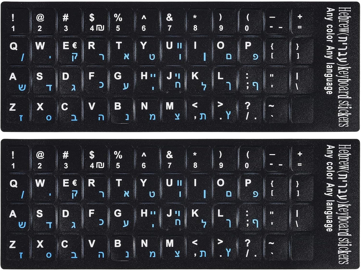2PCS Hebrew English Keyboard Stickers Black Background with Blue Letters Replacement Stickers for PC Computer Laptop Notebook Desktop Keyboards -Each Unit: 0.43" x 0.51"