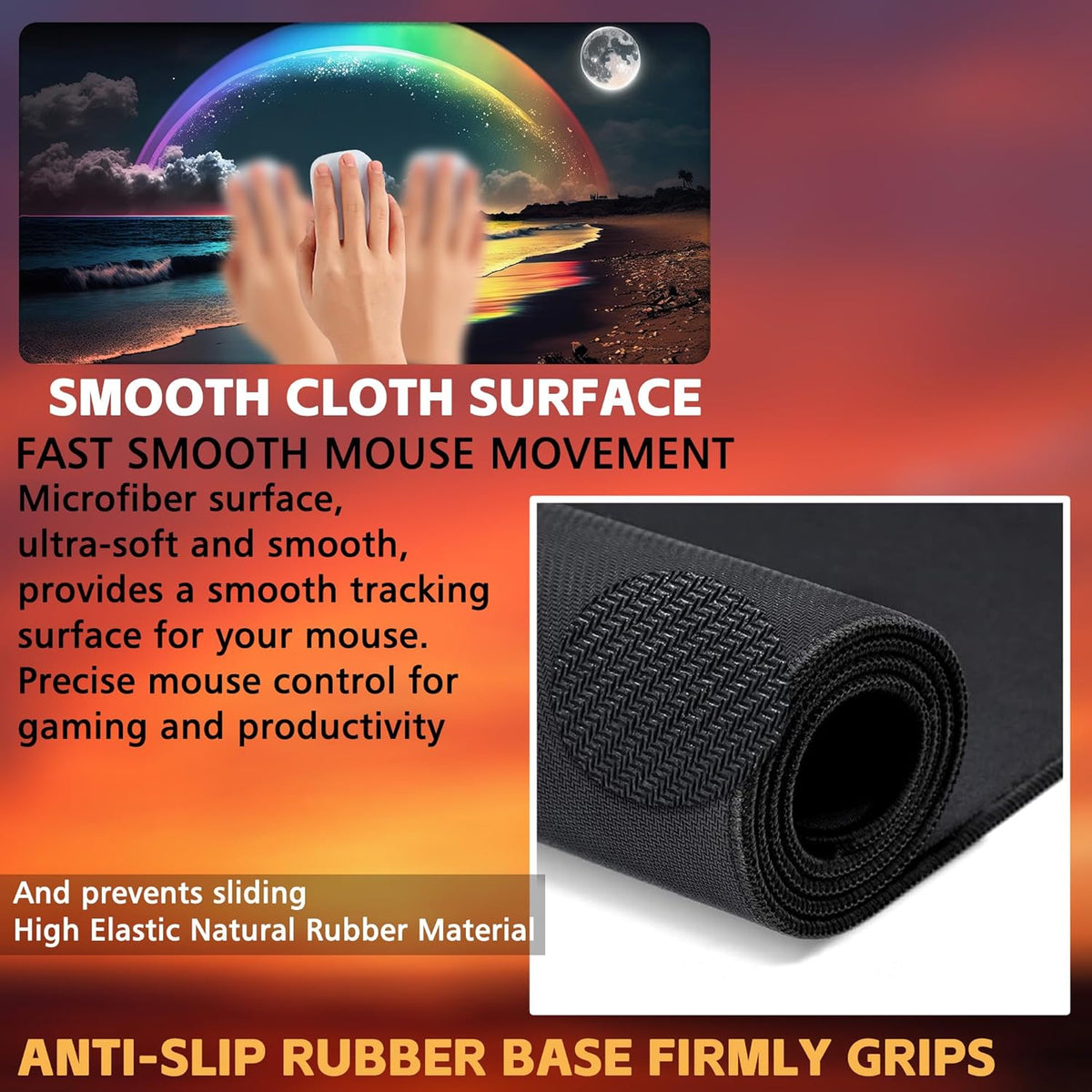 Desk Mat, Rainbow and Full Moon Desk Pad, Beach at Night Large Gaming Mouse Pad for Desk, 31.5"x15.7" Extended Big Computer Keyboard Mouse Pad with Non-Slip Base and Stitched Edge