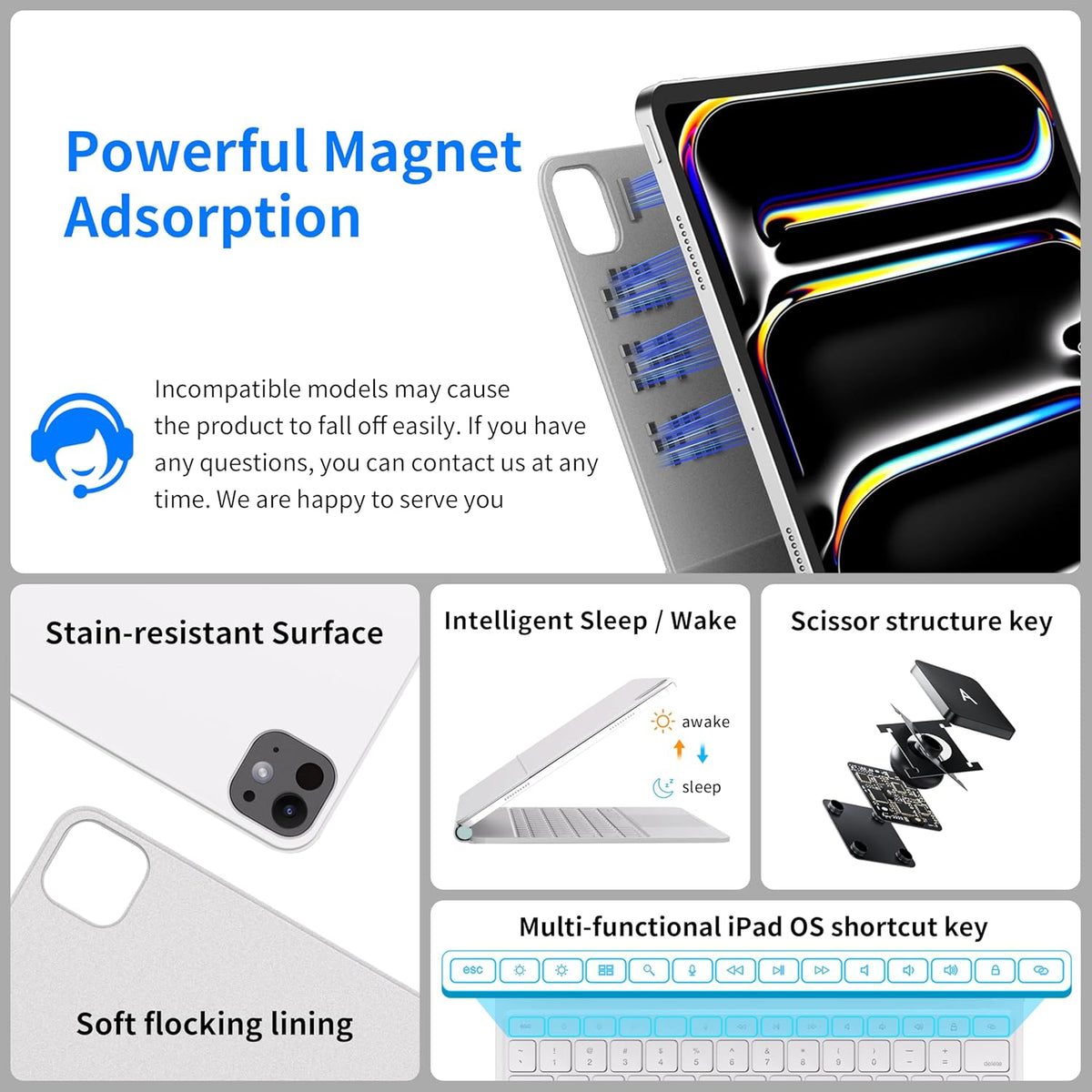 iPad Pro 13 inch case 2024 with Keyboard, Keyboard Case for iPad Pro 13-inch (M4, 2024) with 7 Colors Backlight, Multi-Touch Trackpad, Easy-Set Magnetic Stand, Auto Sleep/Wake (White)