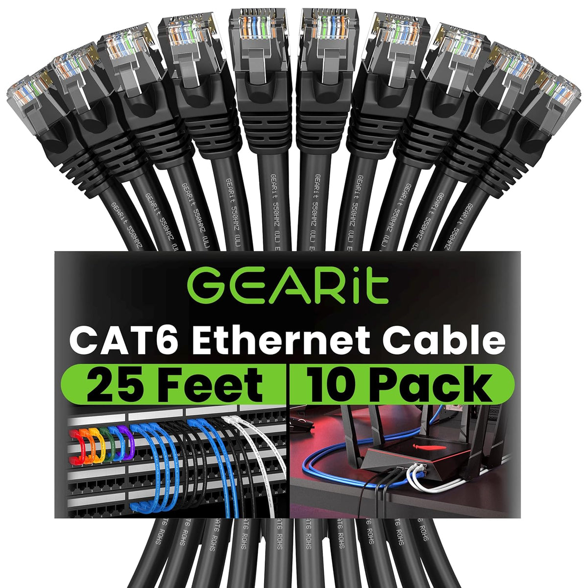 GEARit Cat 6 Ethernet Cable Pack - 10-Pack 25 ft Cat6 Ethernet Patch Cables | RJ45 Network Patch Cable, 10 Gbps Snagless Gold-Plated Connectors - Ethernet Cable Cat 6 for PC, TV, Router - Black