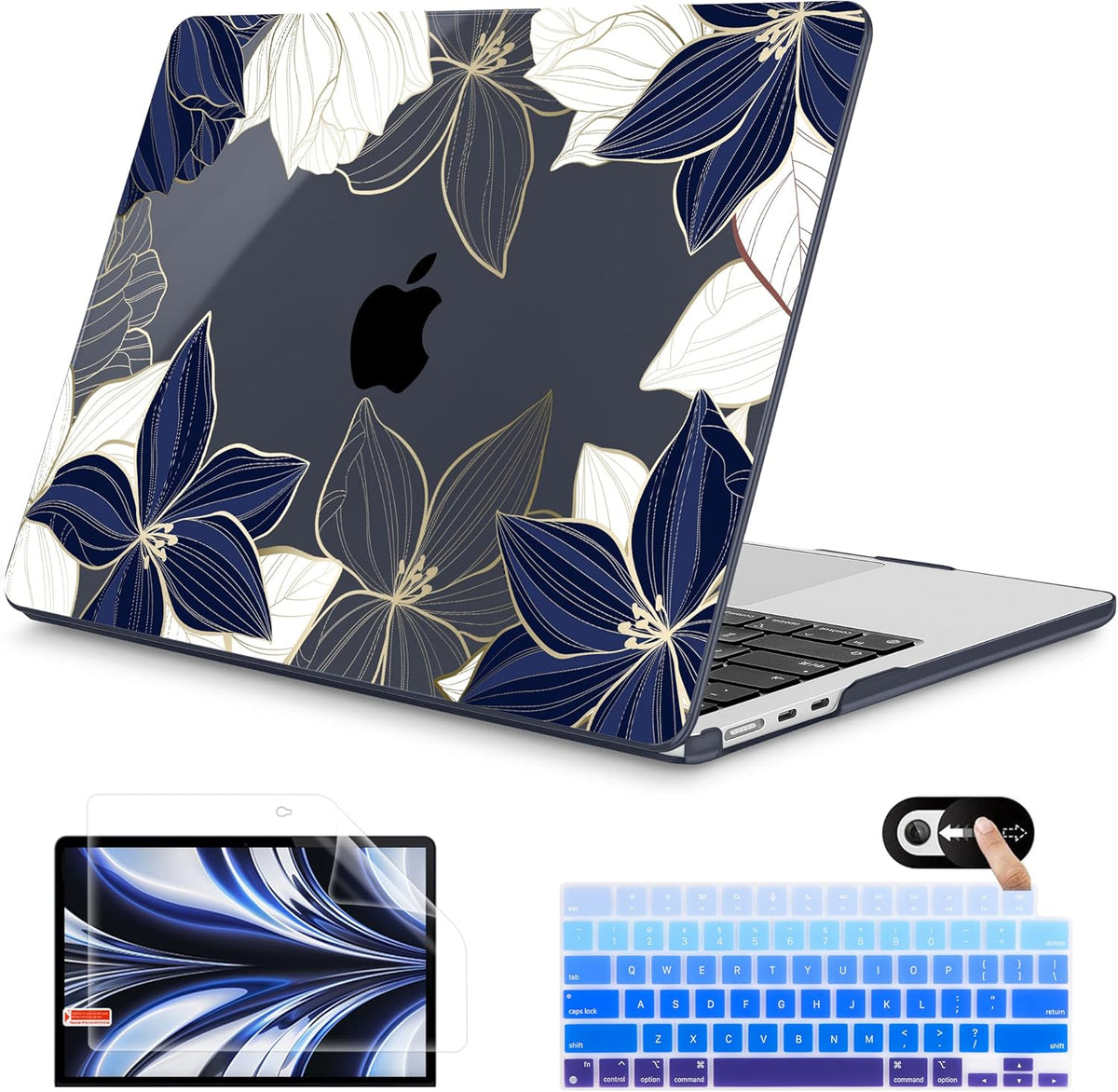 Mektron for 2025 M4 MacBook Air 13.6 Inch A3240 Case Fits 2023 A2681 M2 2024 A3113 M3 Chip with Liquid Retina Display Touch ID, Printed Plastic Hard Shell Cover for MacBook Air 13.6", Gold line Lily