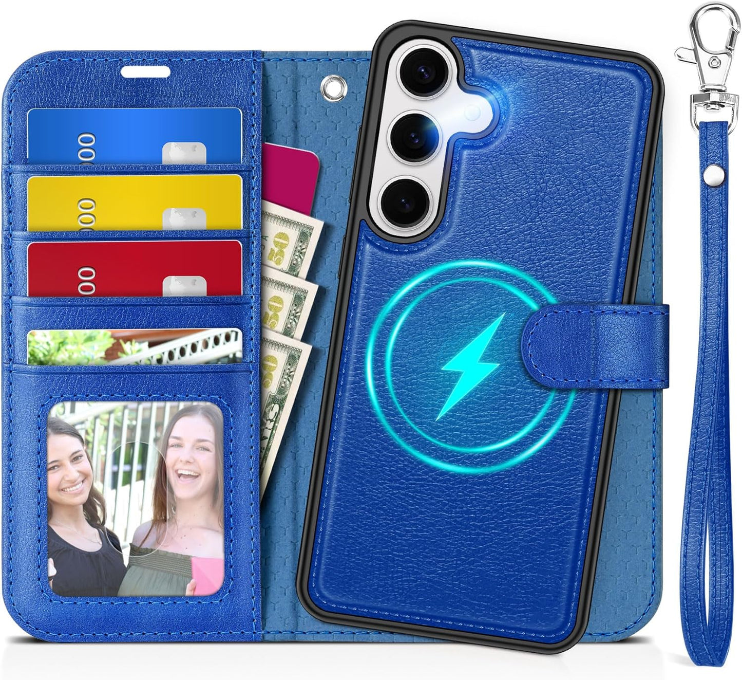 TUCCH Case Wallet for Galaxy S25, Removable [2 in 1] [Wireless Charging] Wrist Strap PU Leather Magnetic Stand RFID Blocking [4 Card Slots] Detachable Protective Folio for Galaxy S25 6.2", Klein Blue