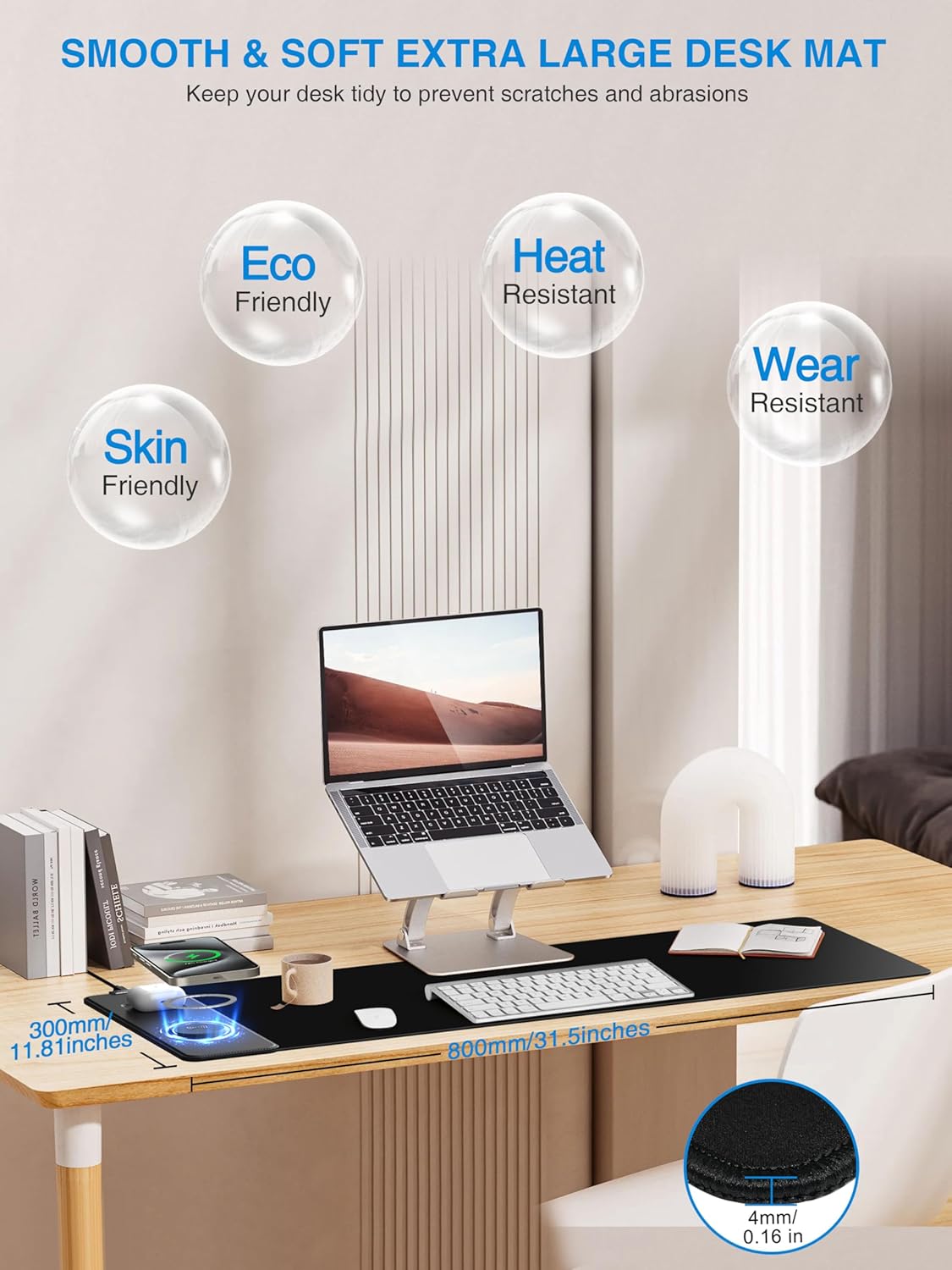 TopMade Mouse Pad with 15W Fast Wireless Charging, 31.5"x11.81" XL Large Gaming Waterproof Desk Pad with Ultra-Smooth Surface, Non-Slip Base, Classic Black Computer Desk Mat for MacBook, PC, Laptop
