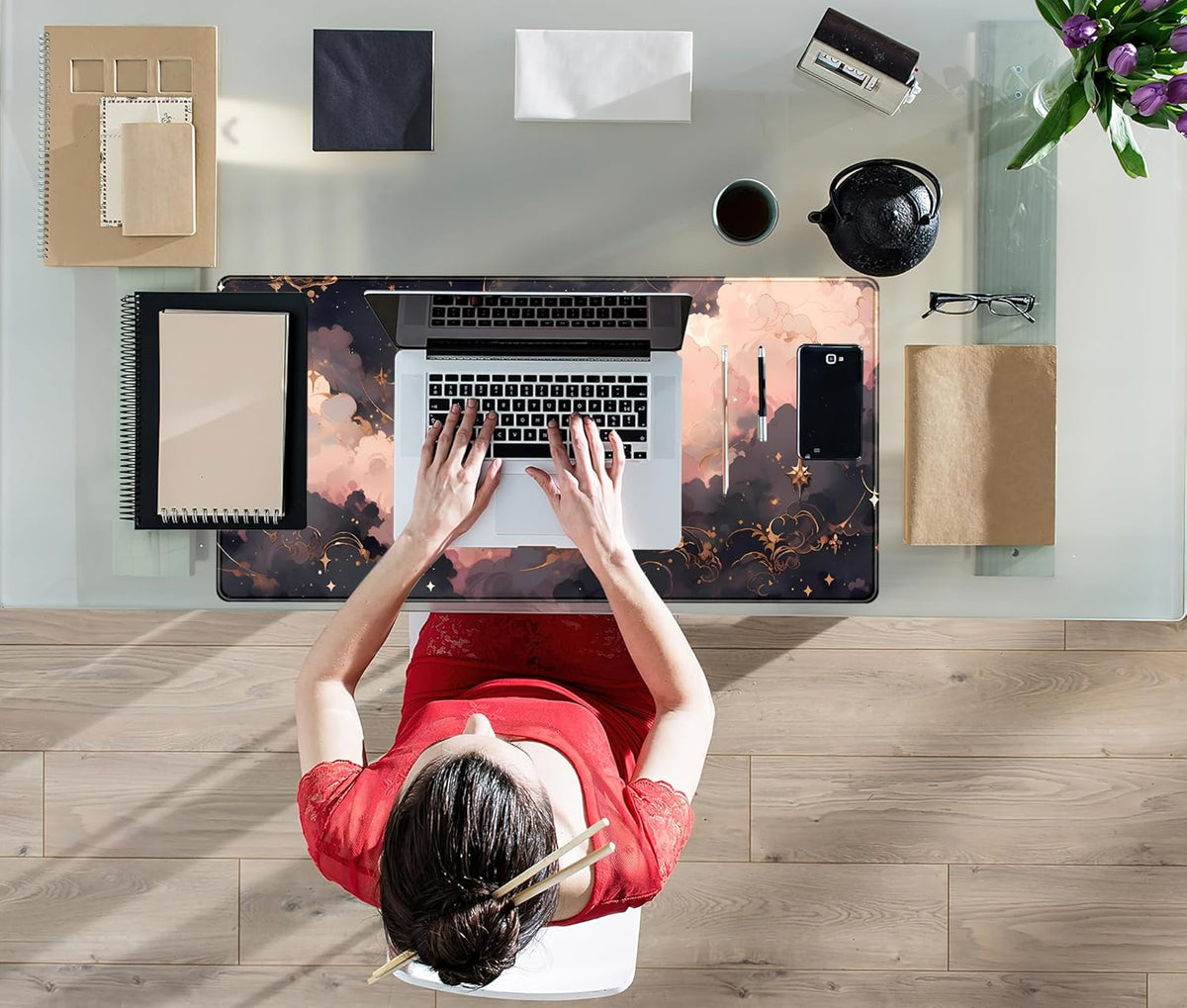 Pink Black Clouds Desk Mat XXL Large Extended Gaming Mouse Pad Celestial Mousepad with Stitched Edges, Office Desktop Decor Desk Pad Computer Mat, Laptop Keyboard and Mouse Mat, 31.5x15.75 in